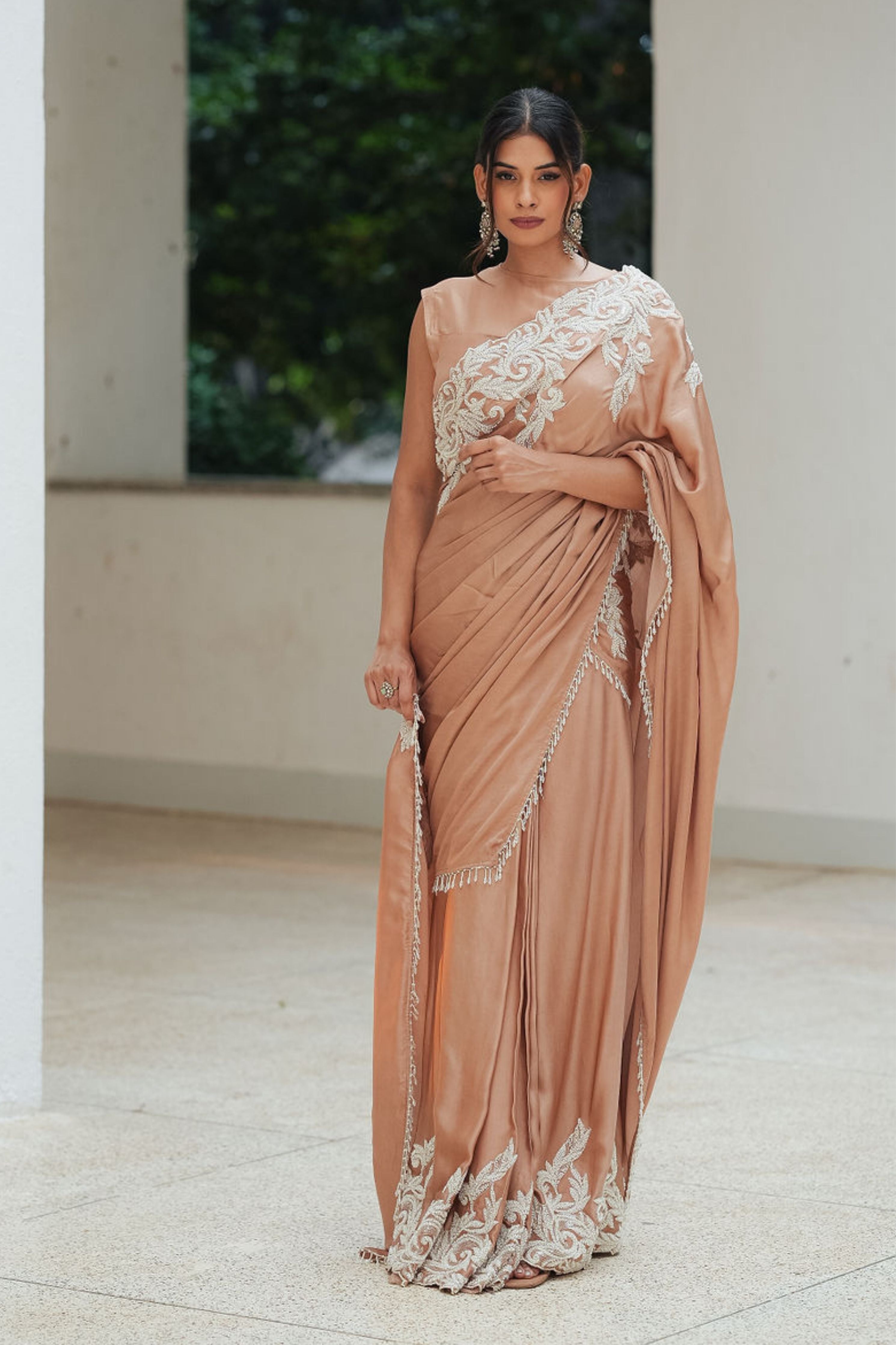 Satin Beaded Border Split Saree