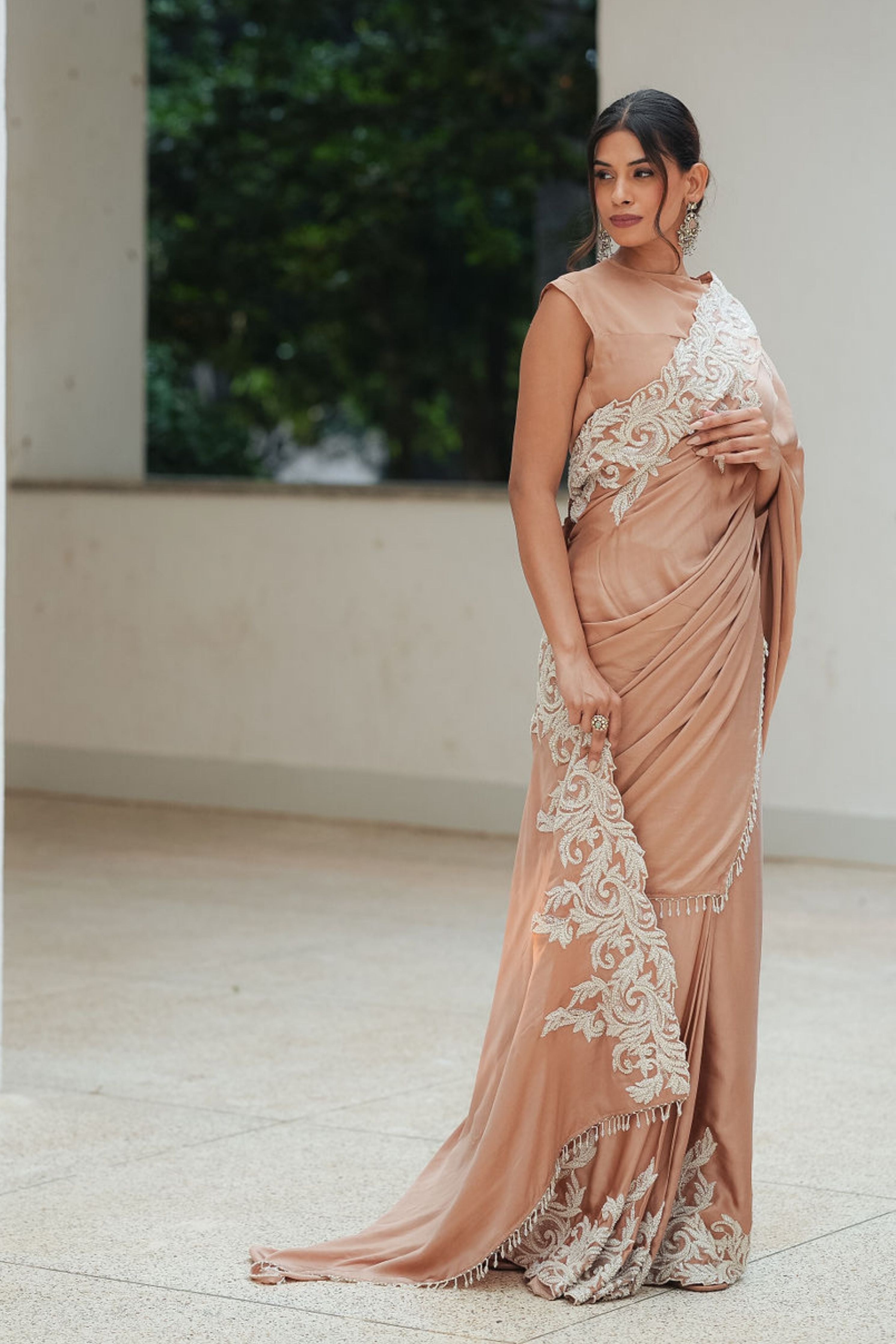 Satin Beaded Border Split Saree