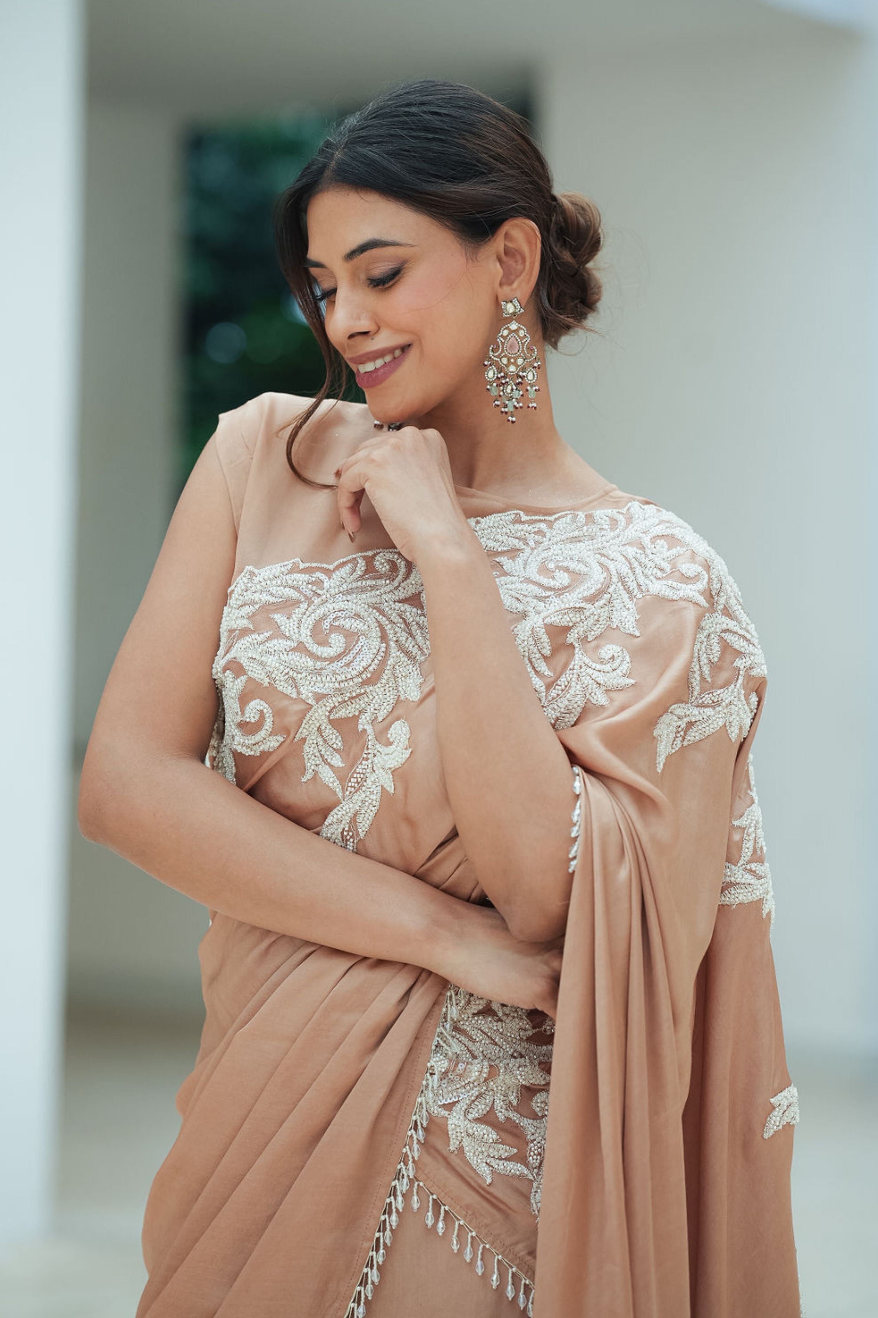 Satin Beaded Border Split Saree