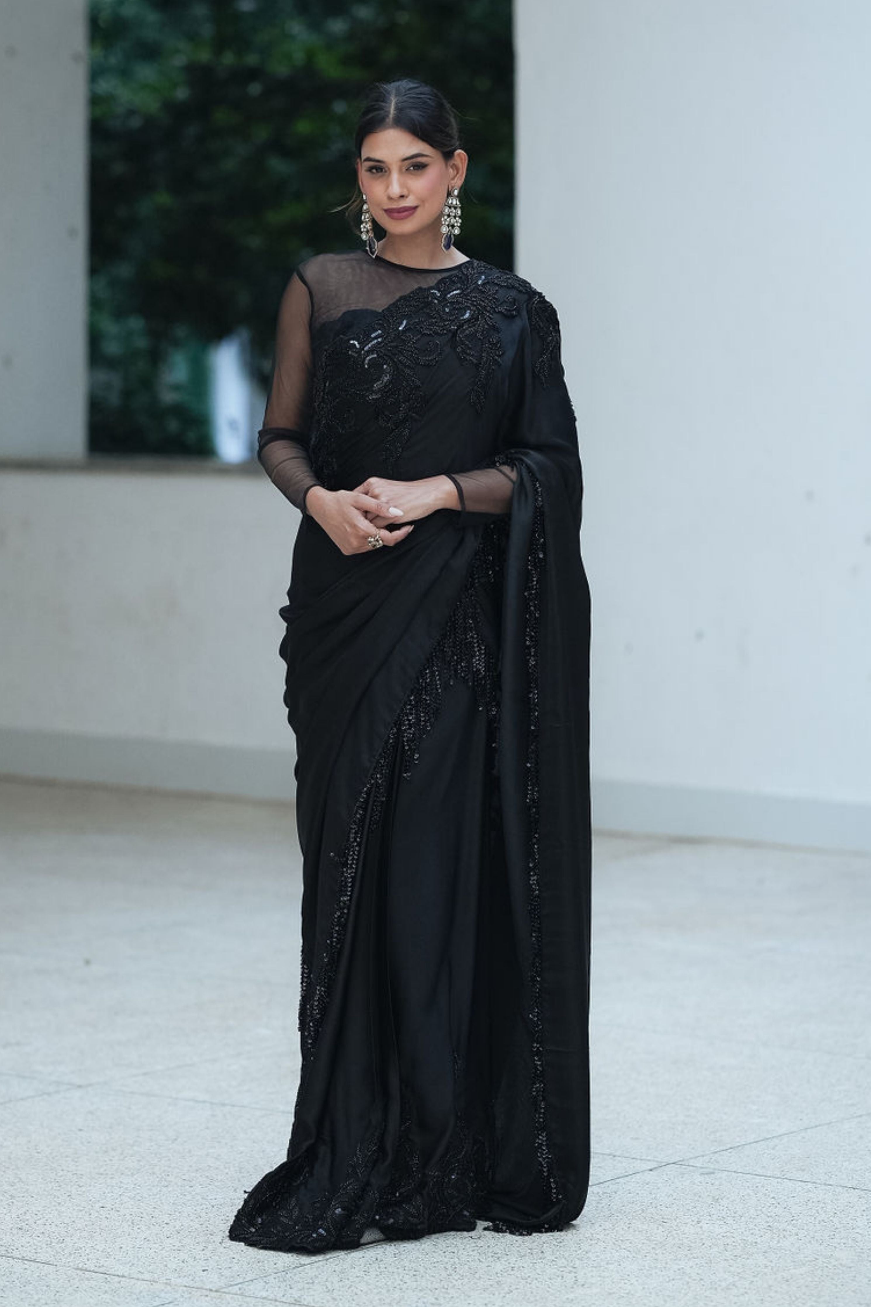 Black Satin Beadred Border Split Saree
