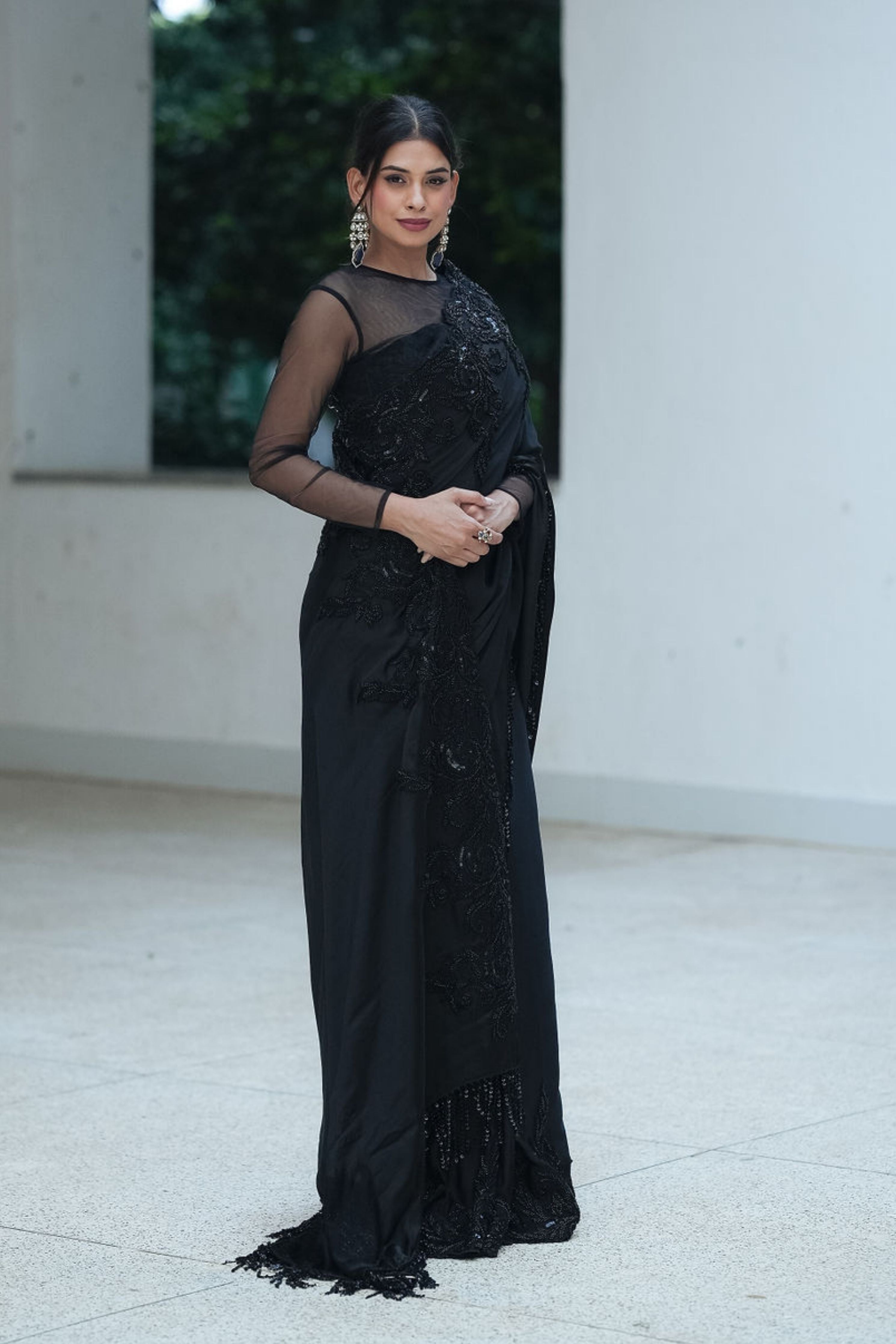 Black Satin Beadred Border Split Saree