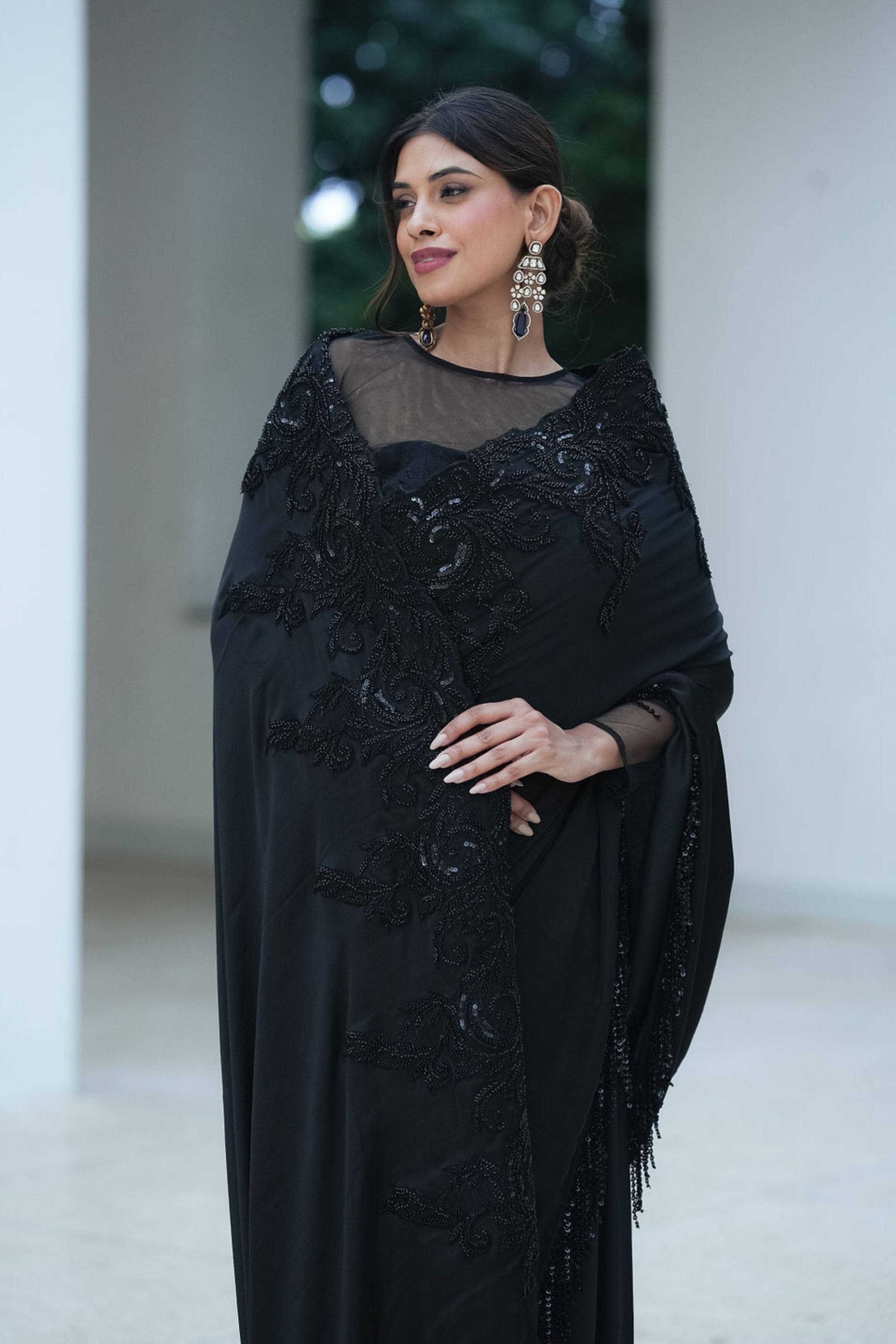Black Satin Beadred Border Split Saree