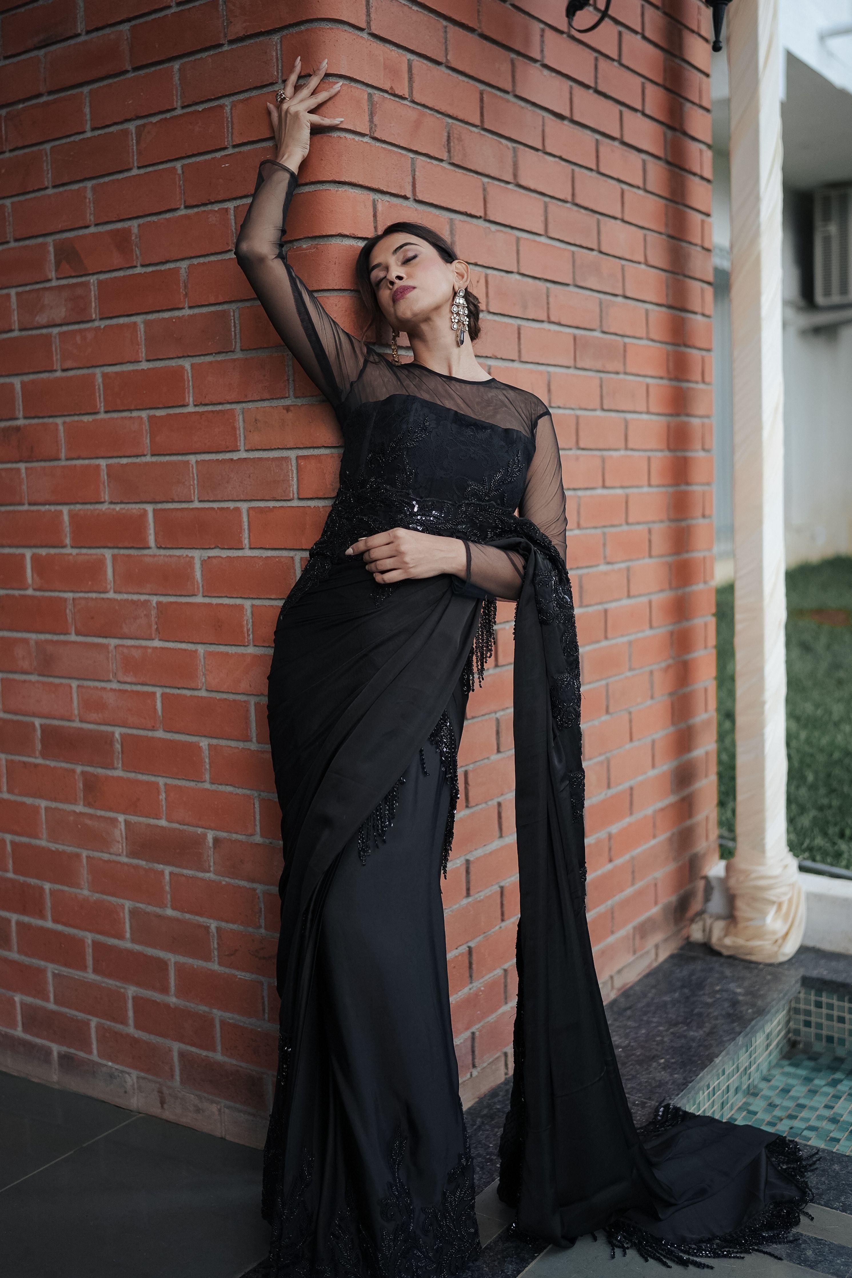 Black Satin Beadred Border Split Saree