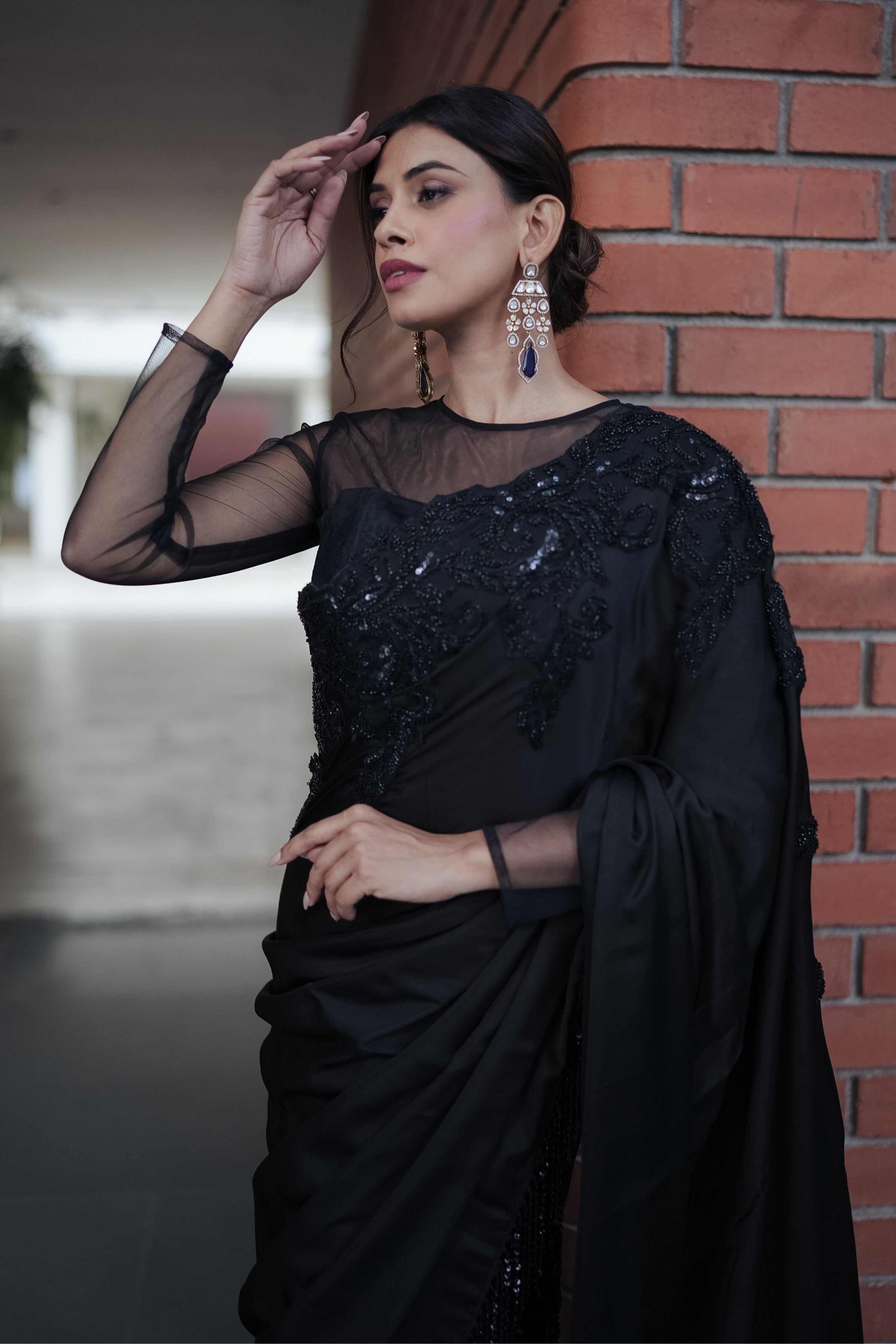 Black Satin Beadred Border Split Saree