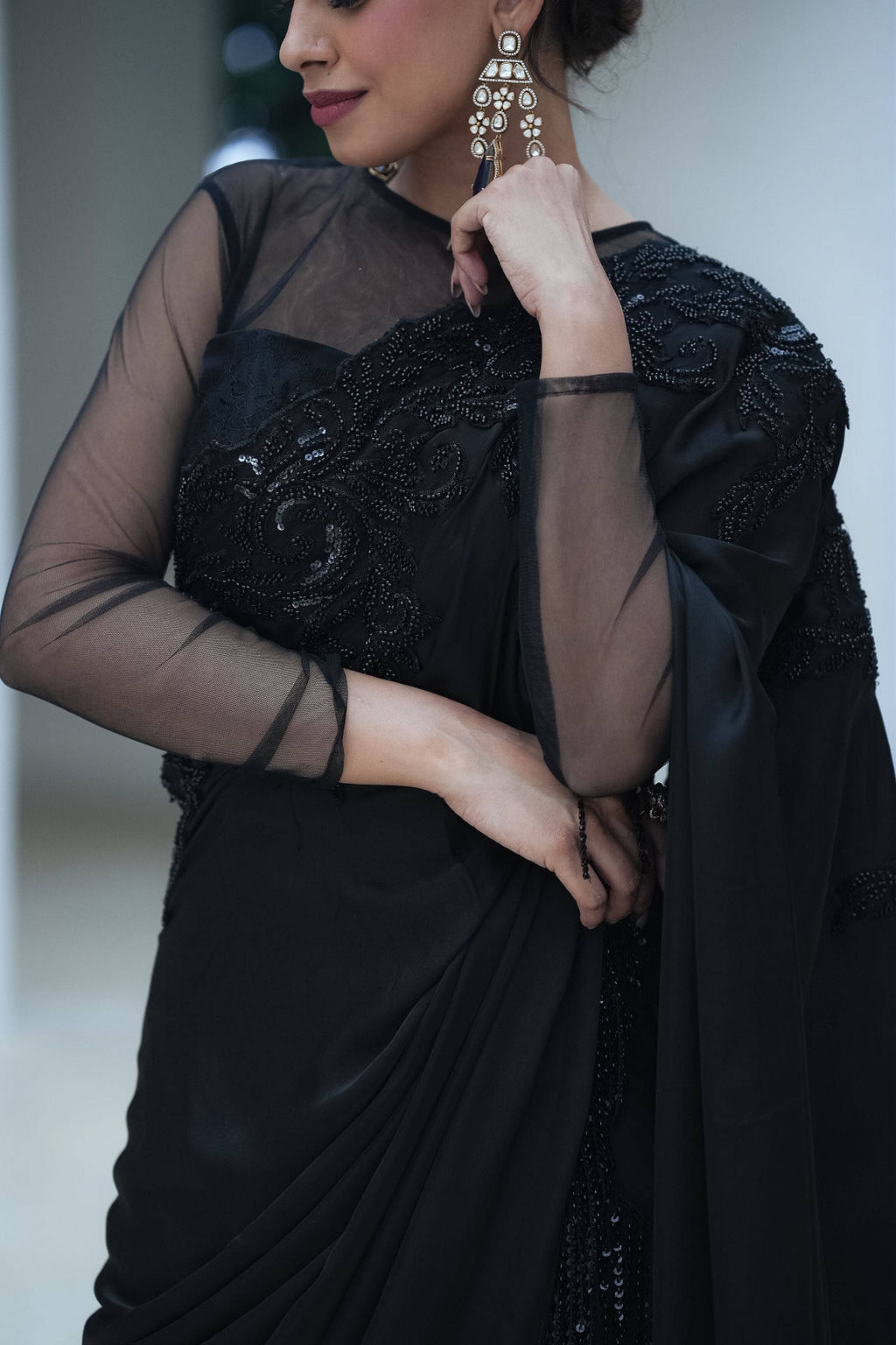 Black Satin Beadred Border Split Saree