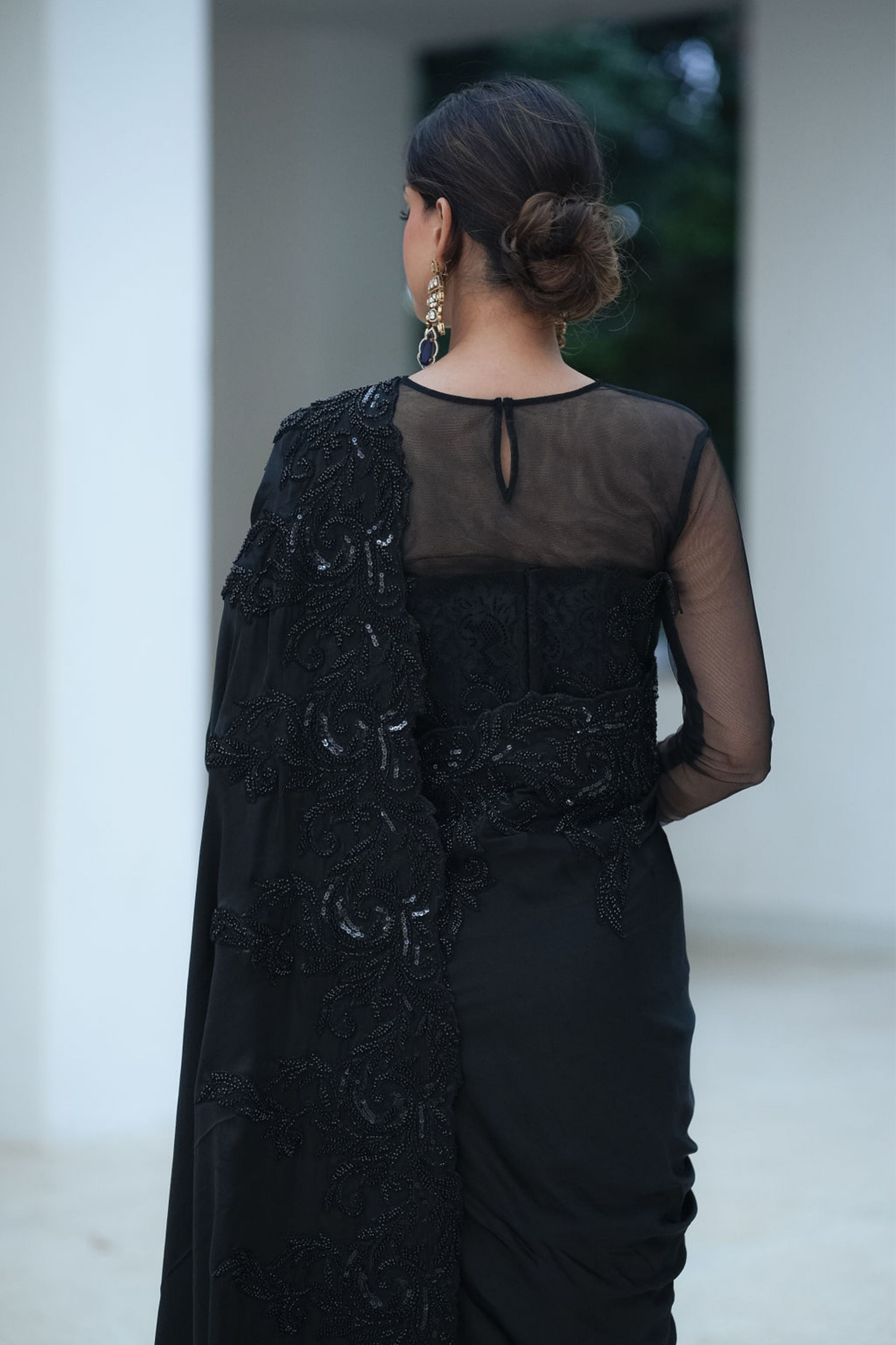 Black Satin Beadred Border Split Saree