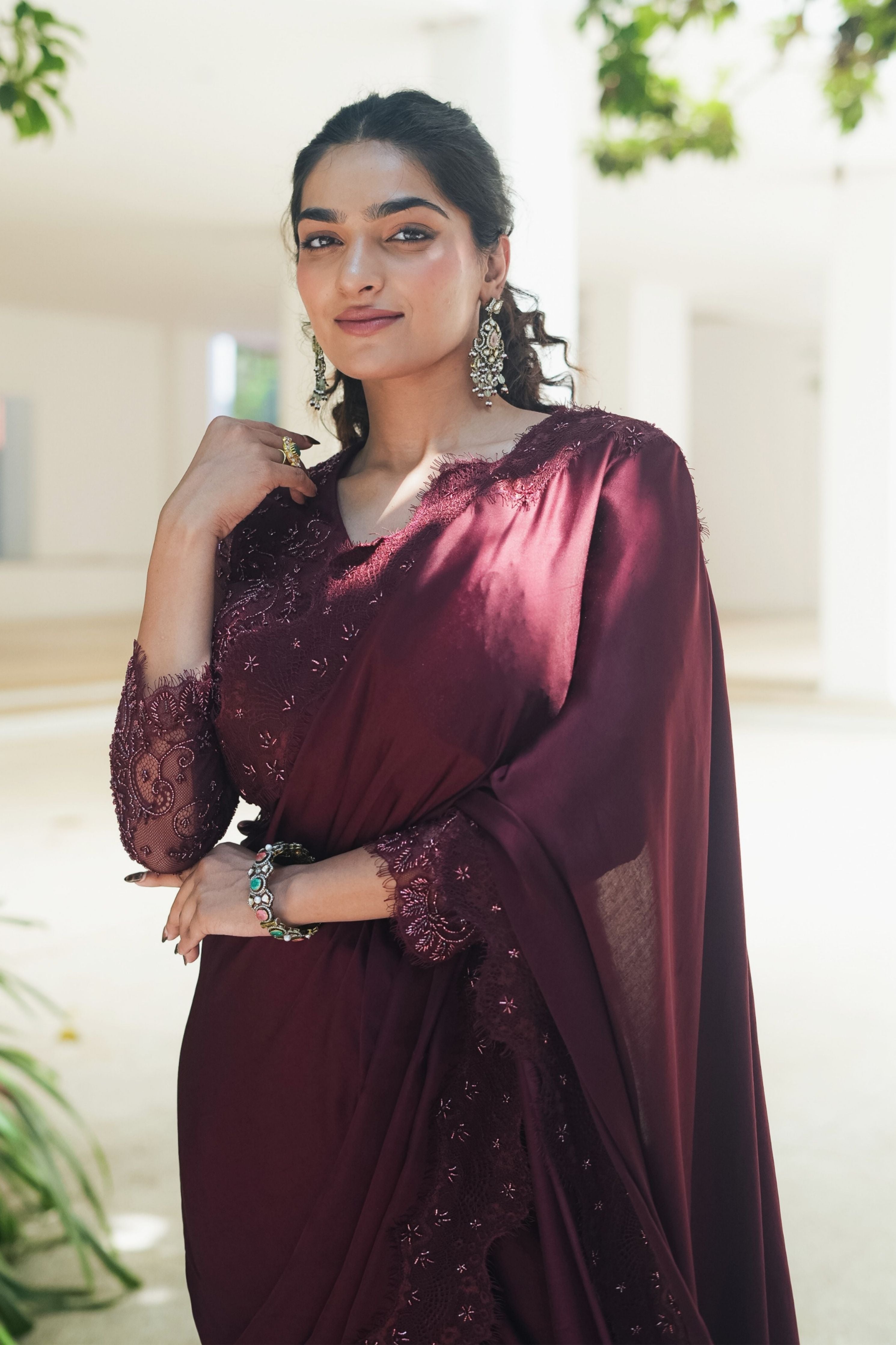 Burgundy Satin Chantilly Saree
