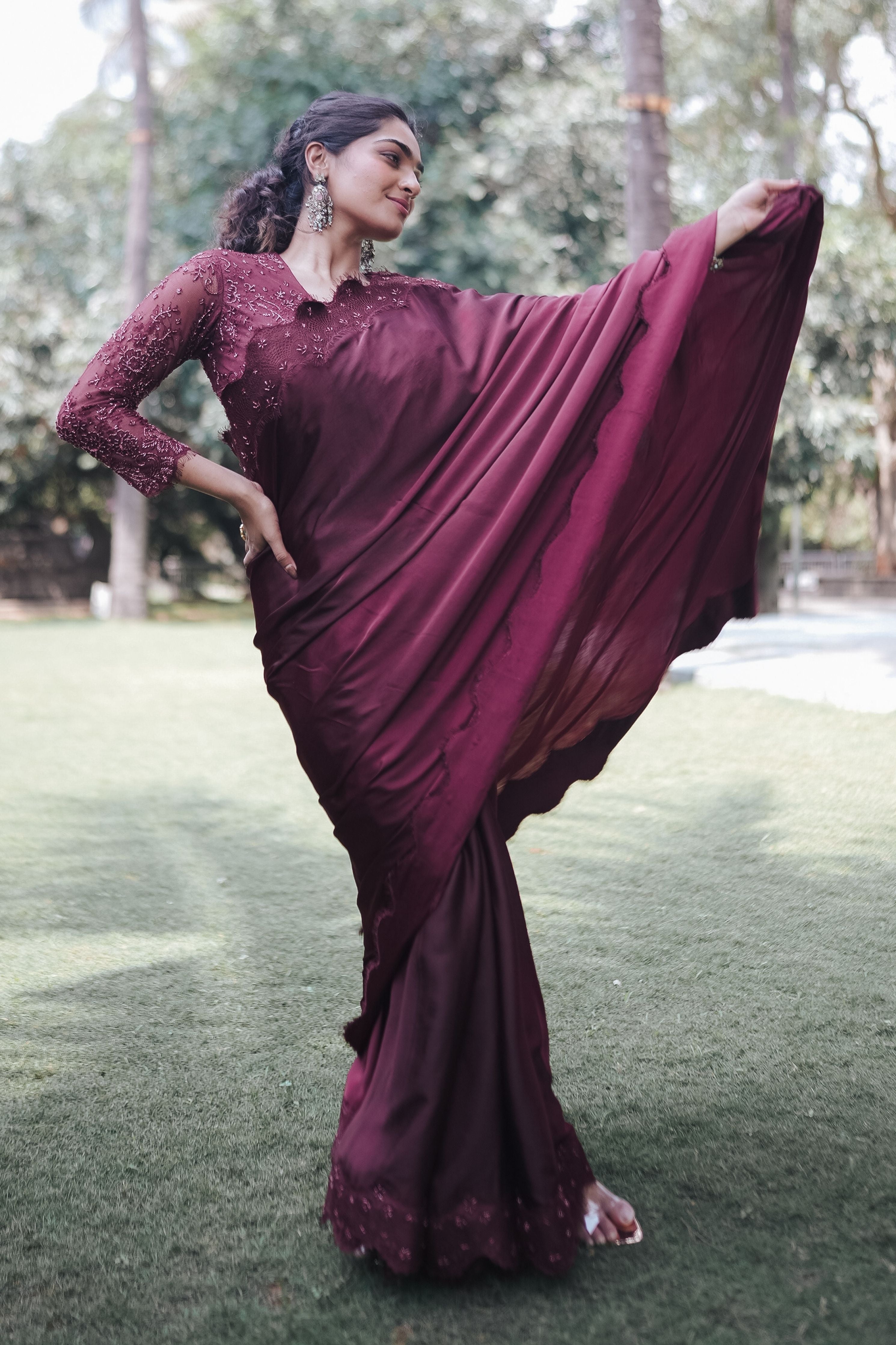 Burgundy Satin Chantilly Saree