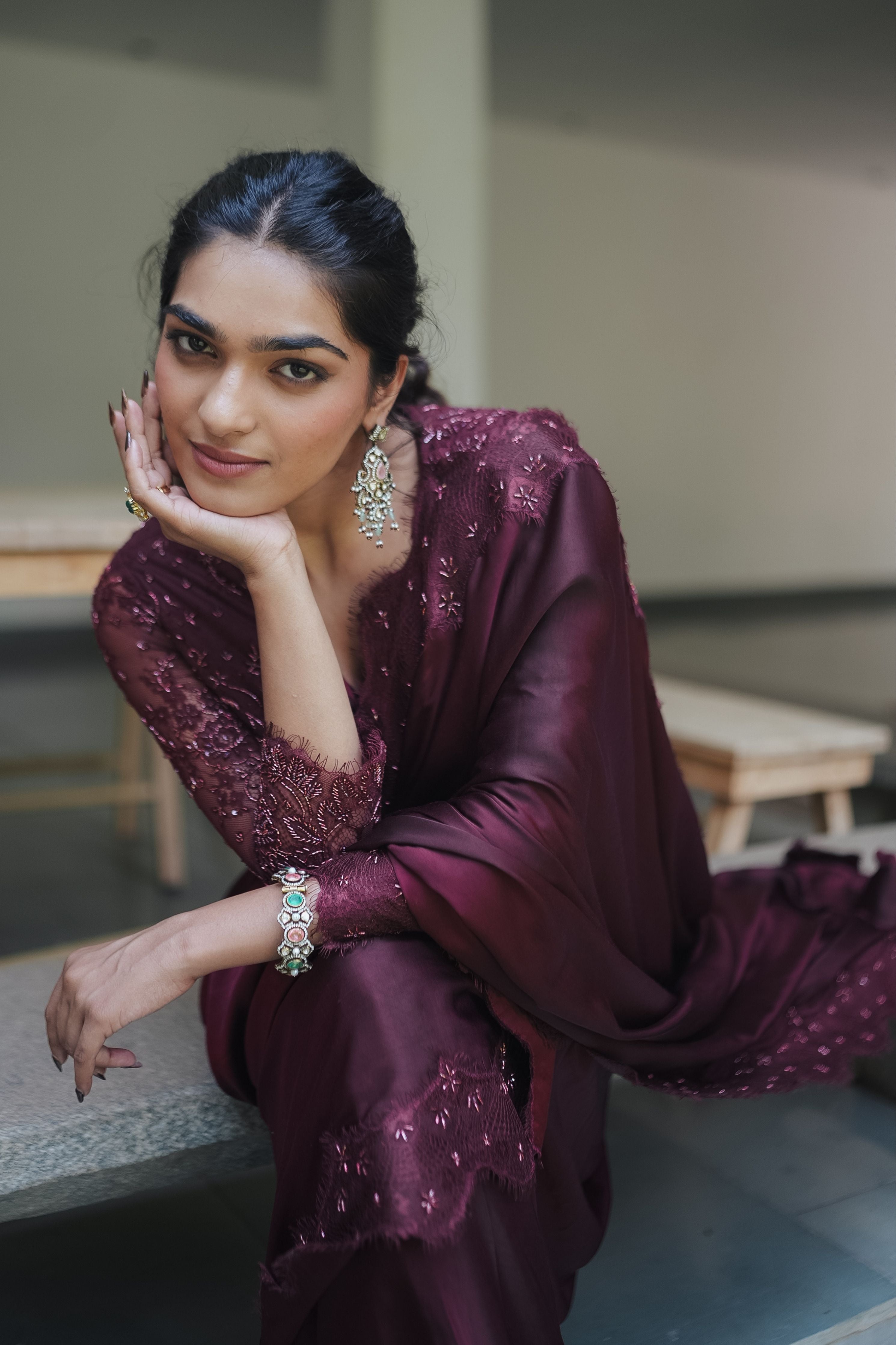 Burgundy Satin Chantilly Saree