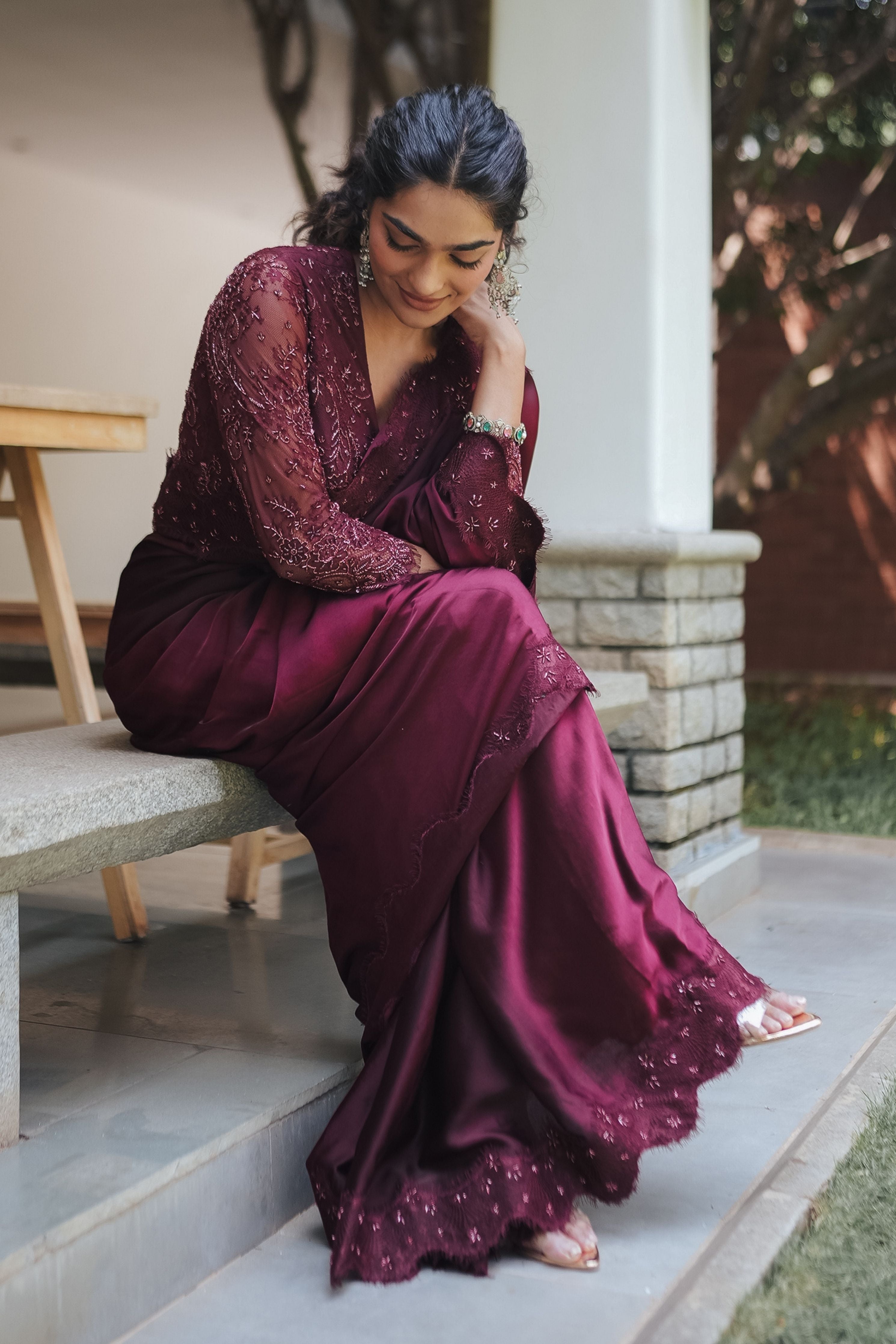 Burgundy Satin Chantilly Saree