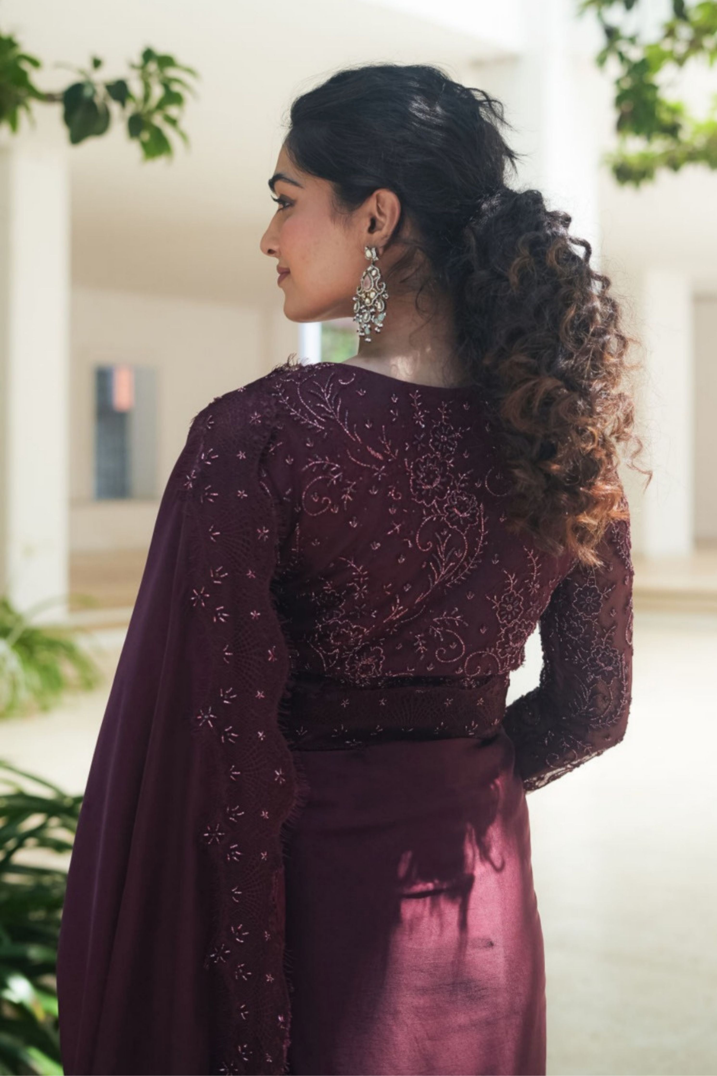 Burgundy Satin Chantilly Saree