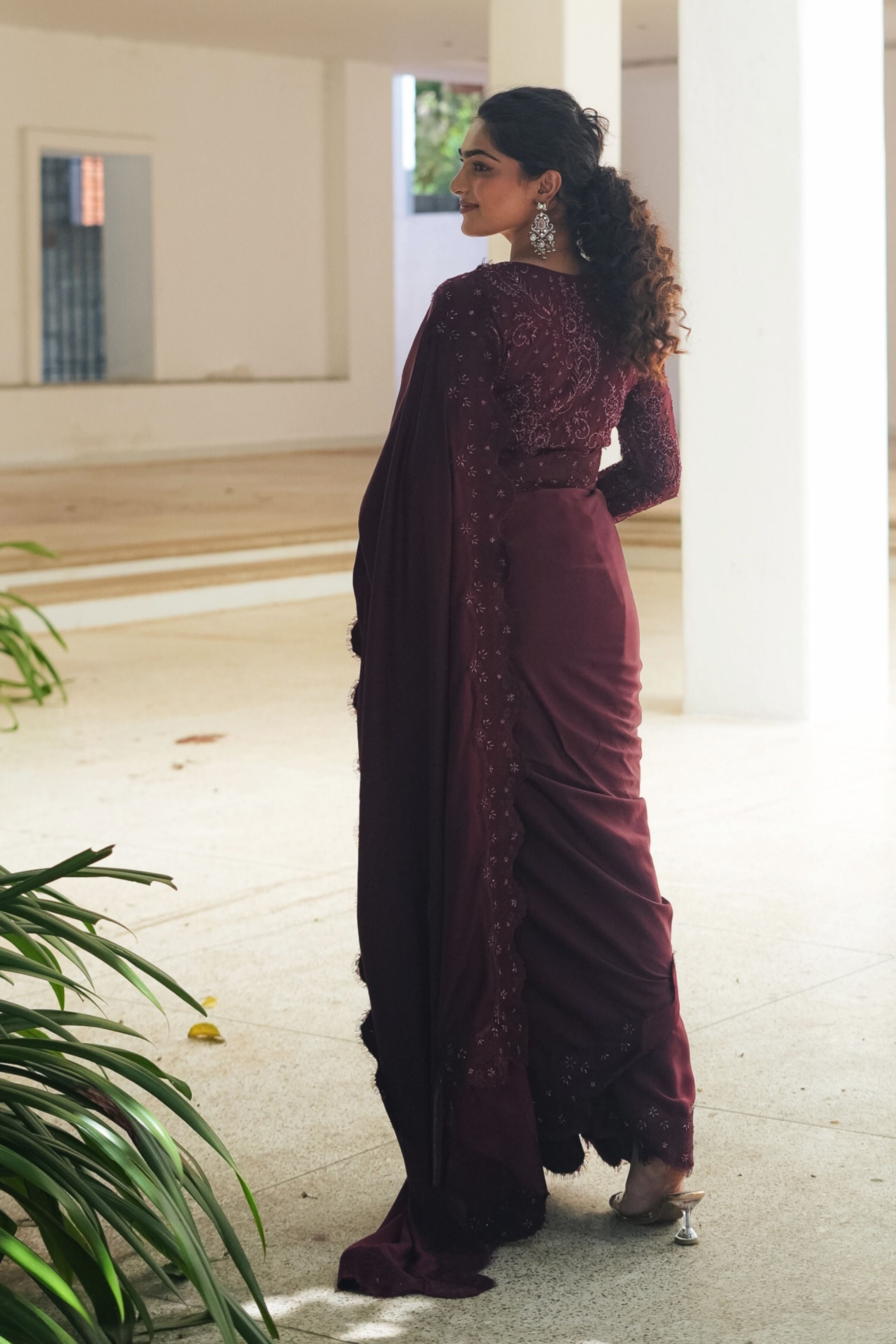 Burgundy Satin Chantilly Saree