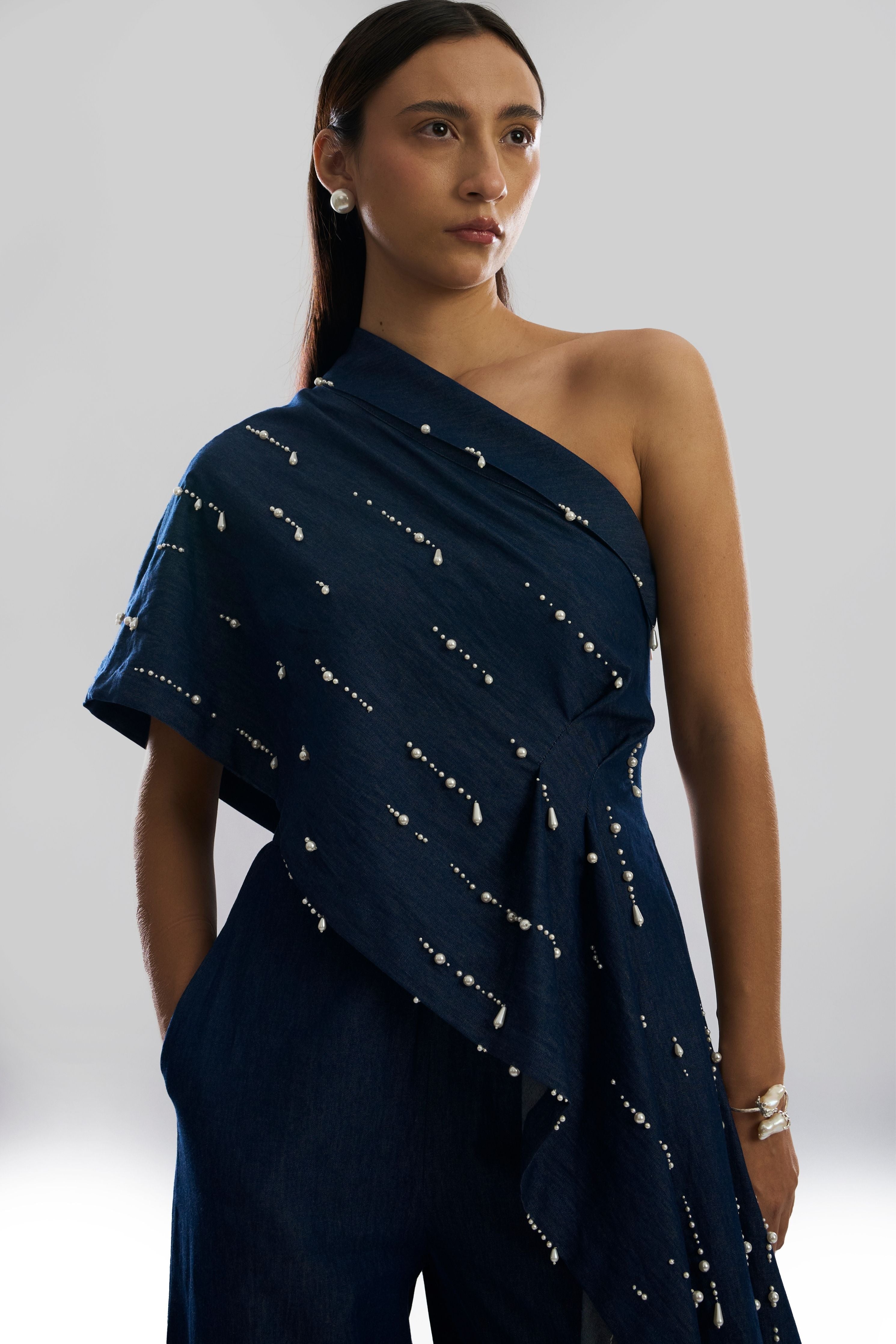 Pearfall Asymmetrical Denim Top
