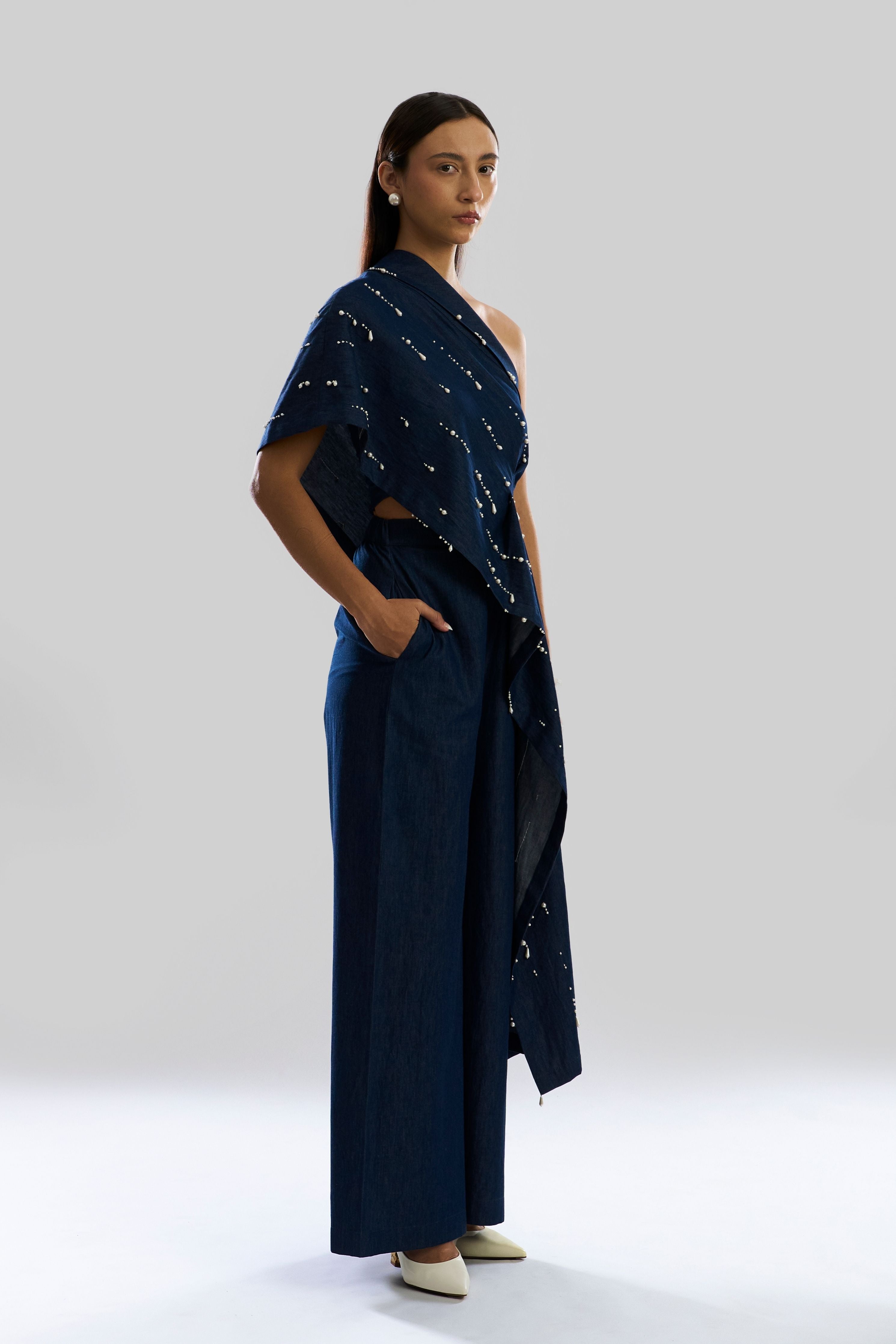 Pearfall Asymmetrical Denim Top