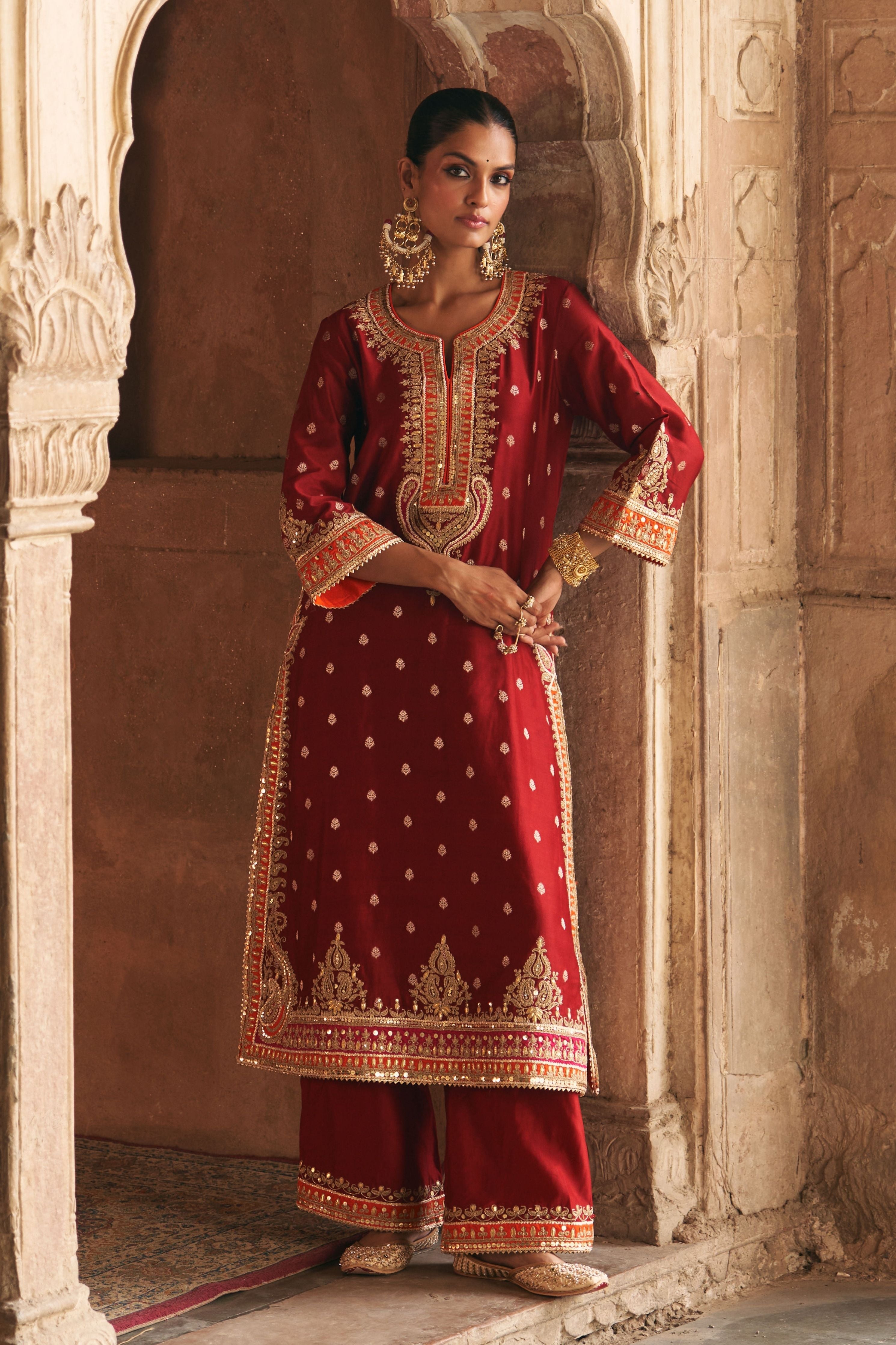 Sumaira Deep Red Long Kurta With Palazzo And Dupatta