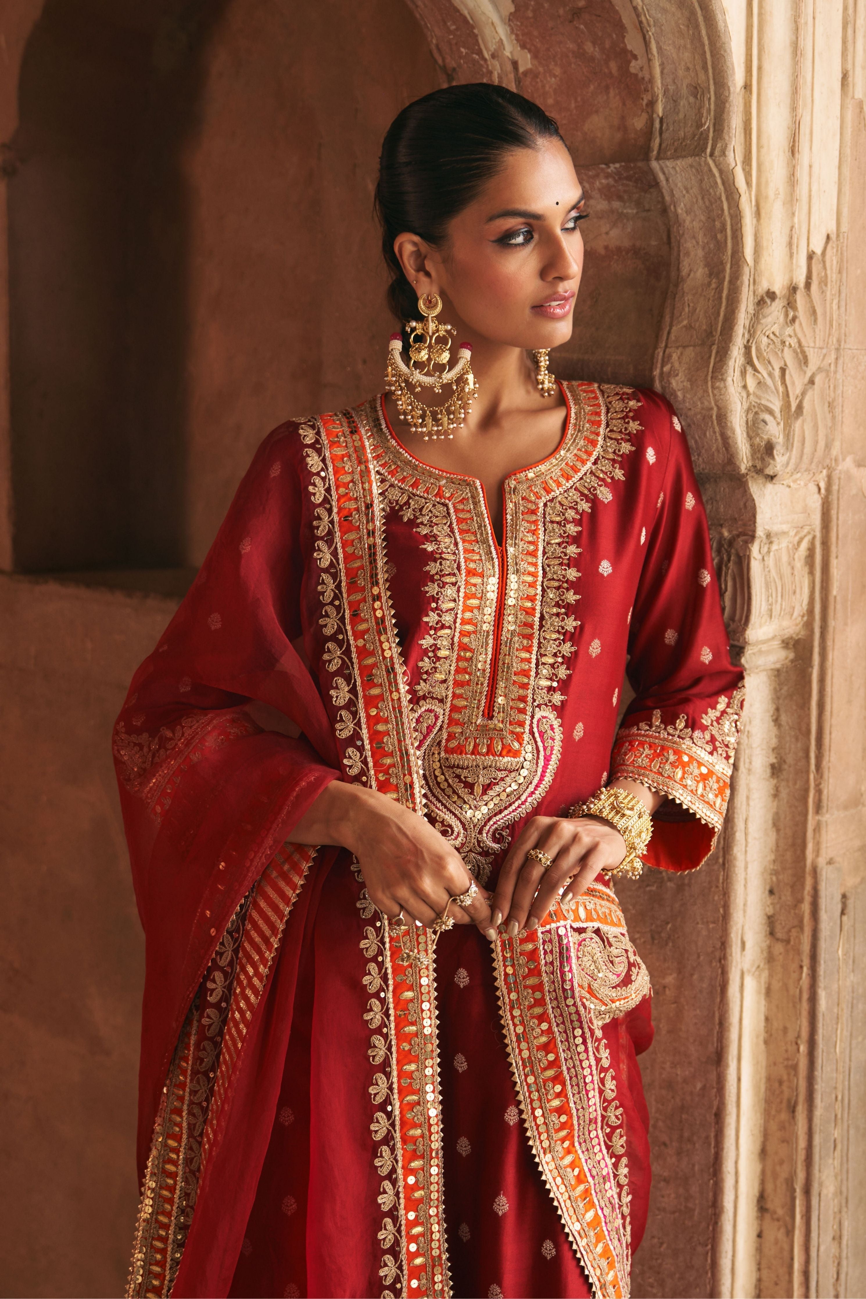Sumaira Deep Red Long Kurta With Palazzo And Dupatta