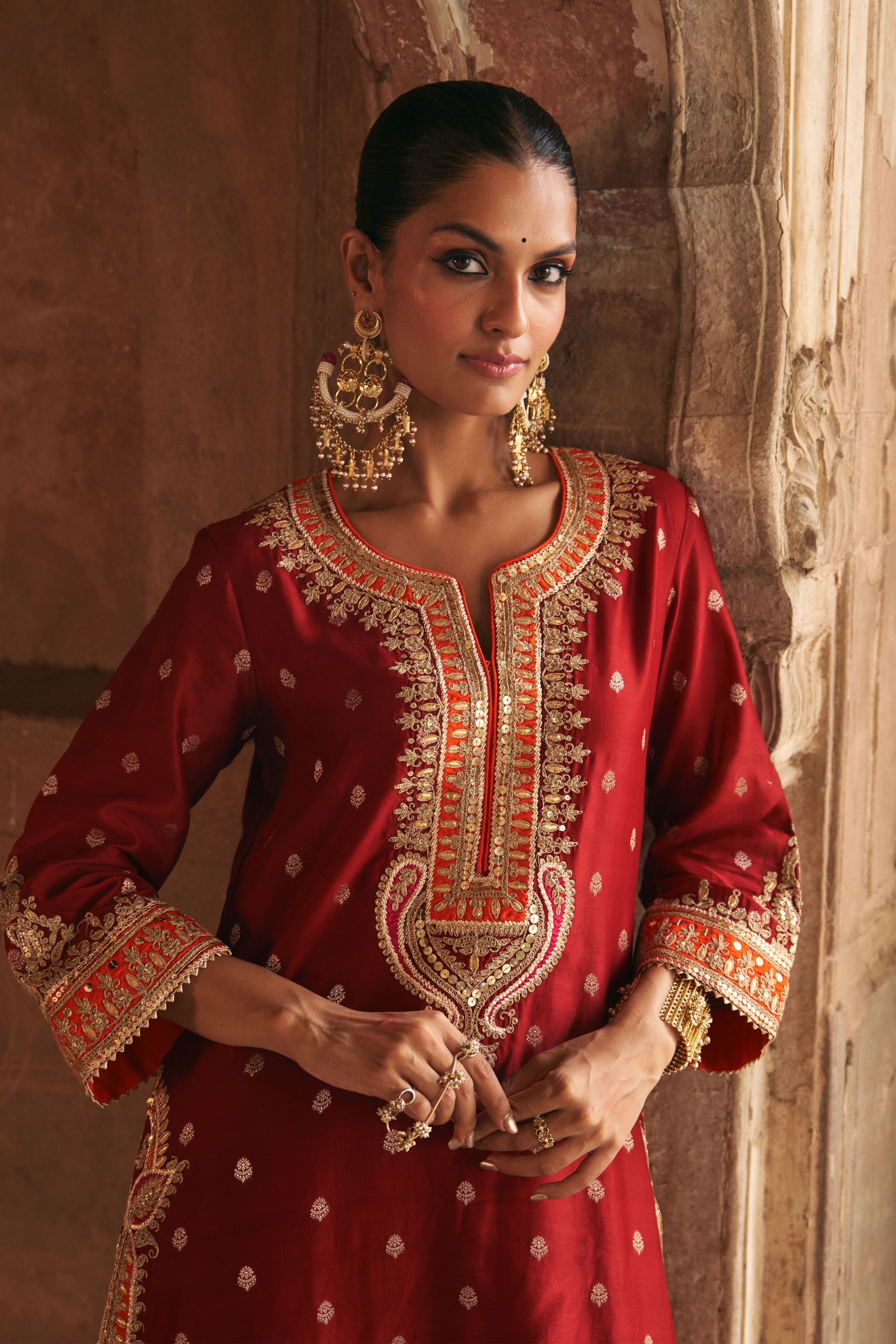 Sumaira Deep Red Long Kurta With Palazzo And Dupatta