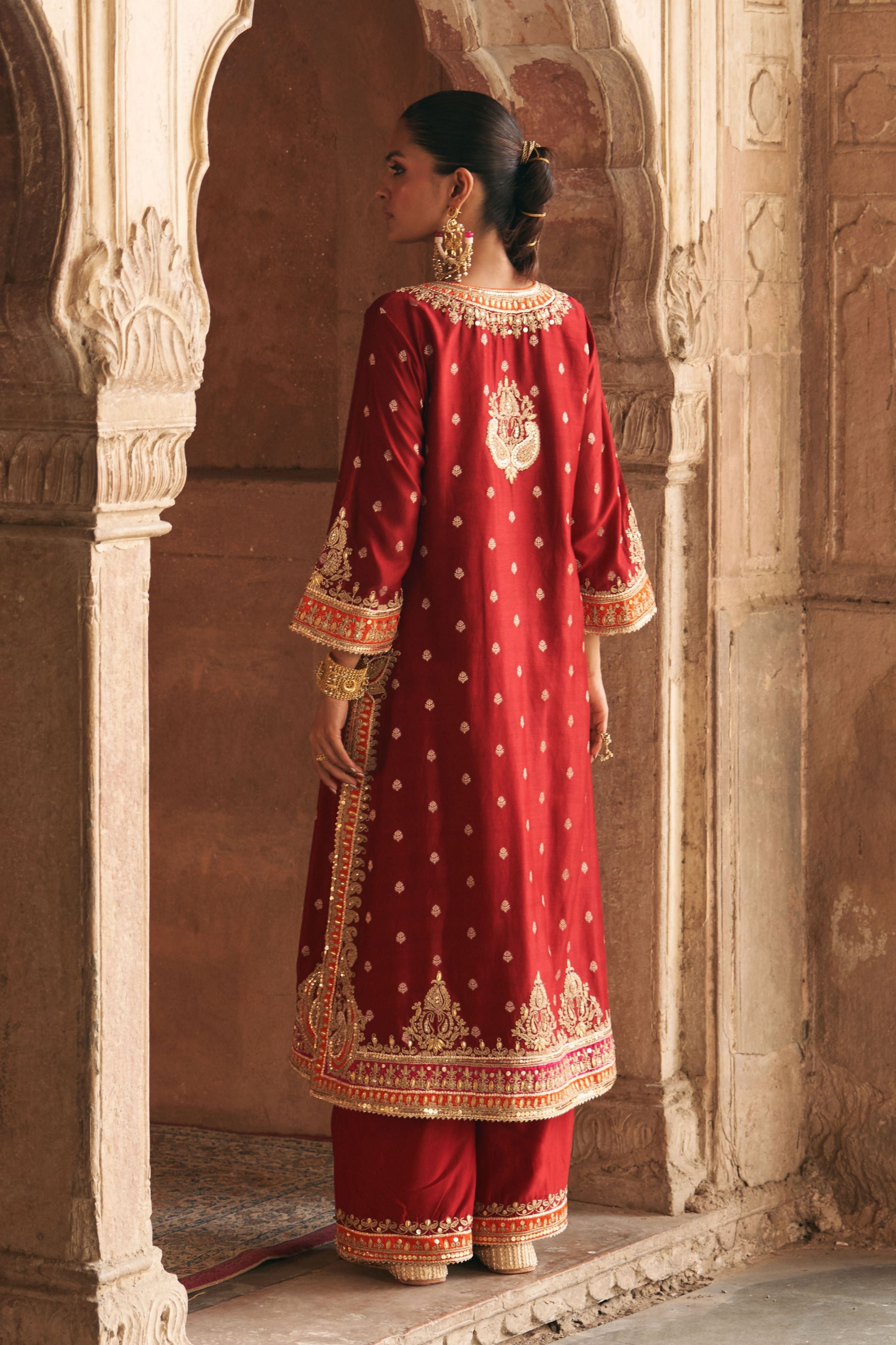 Sumaira Deep Red Long Kurta With Palazzo And Dupatta