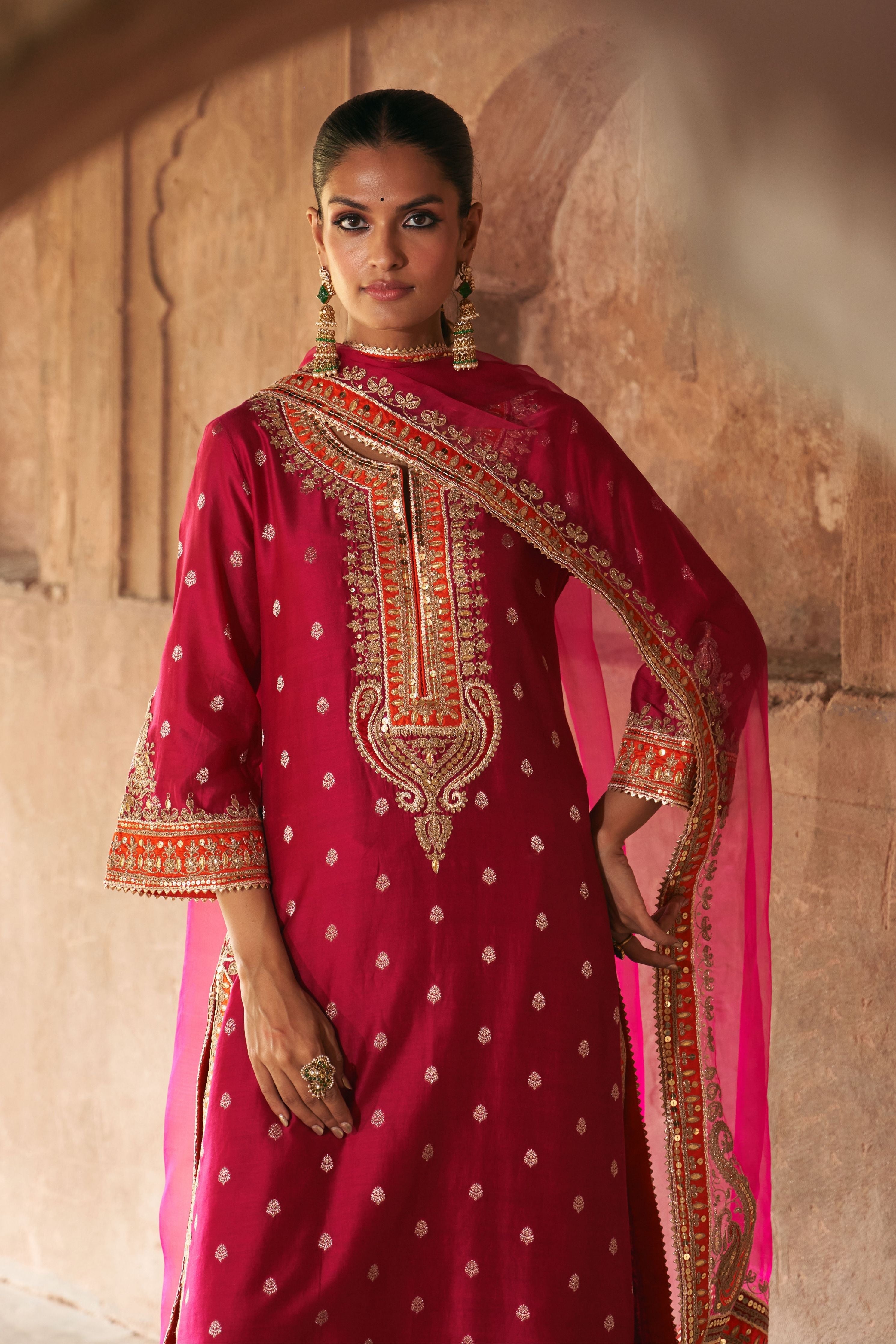Sumaira Hotpink Long Kurta With Palazzo And Dupatta
