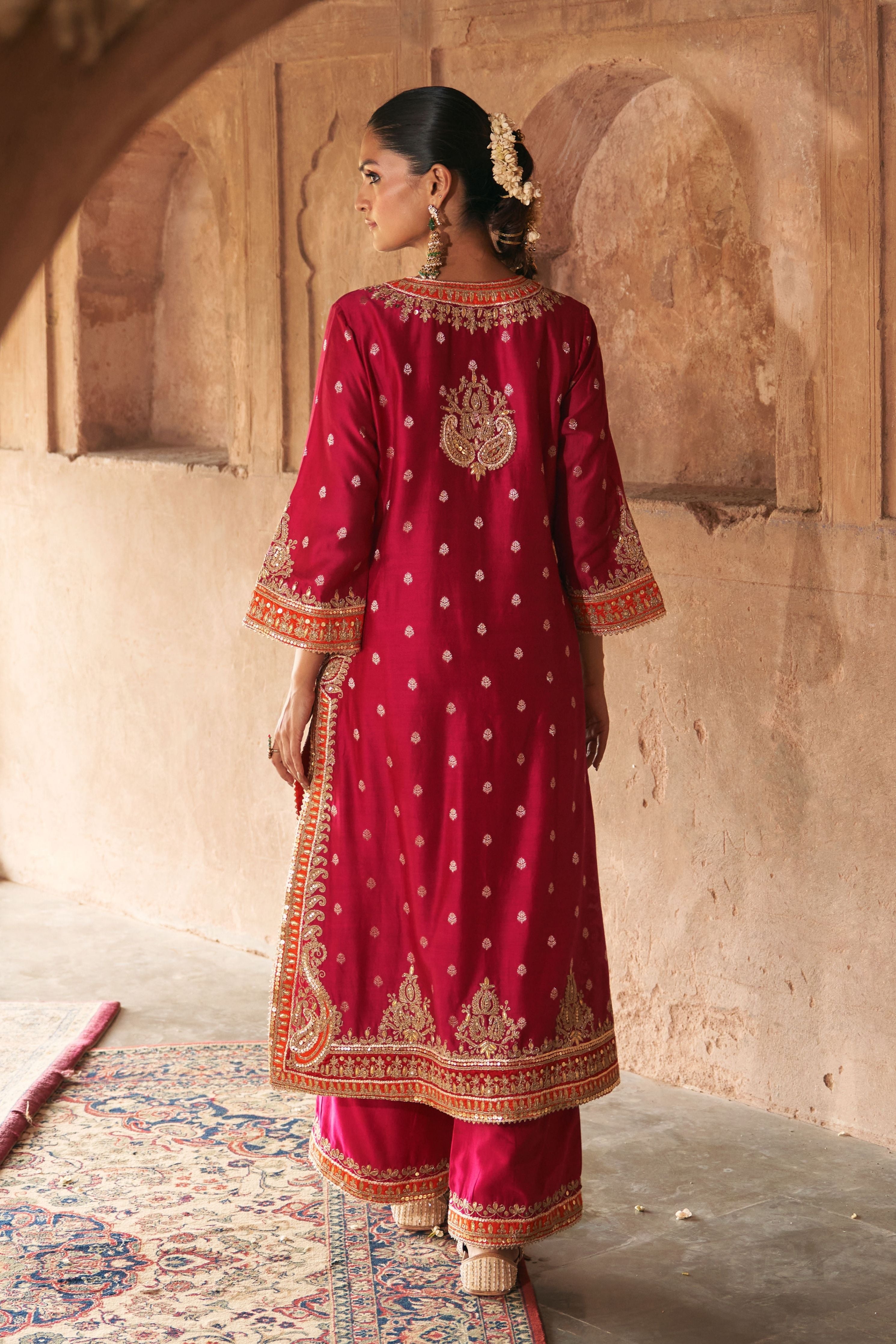 Sumaira Hotpink Long Kurta With Palazzo And Dupatta