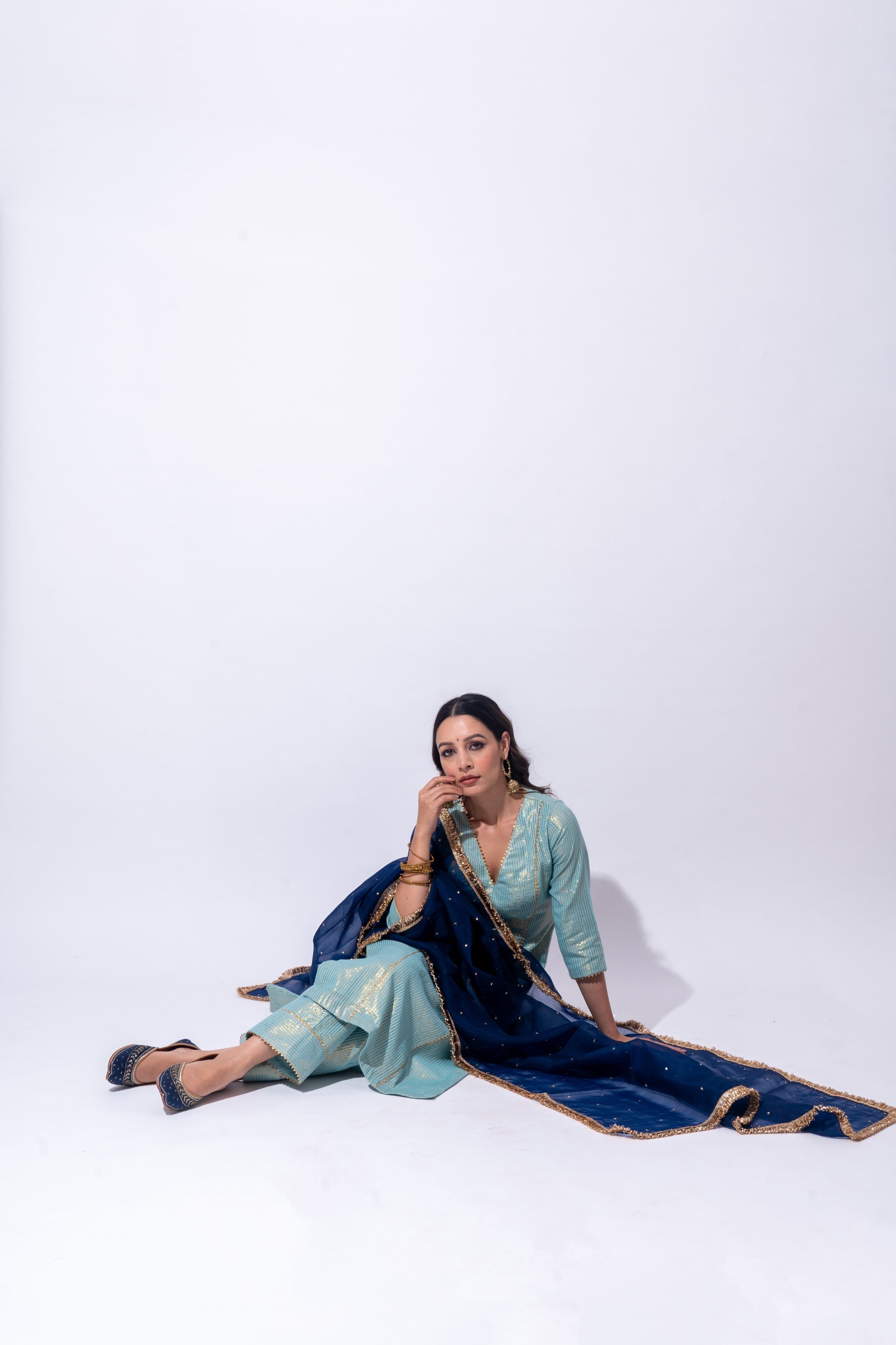 Sea Blue Fiza Zari Kurta Set