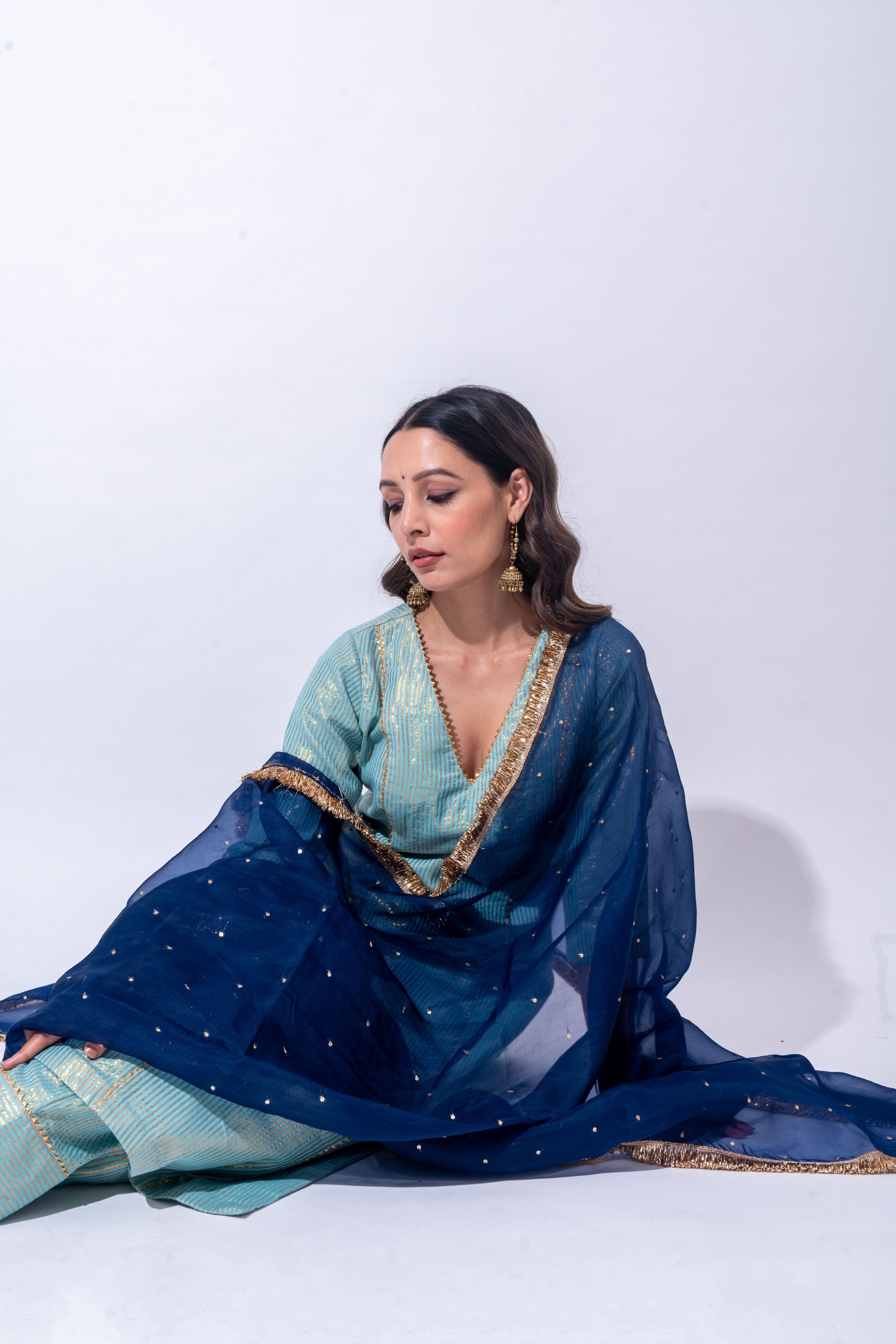 Sea Blue Fiza Zari Kurta Set