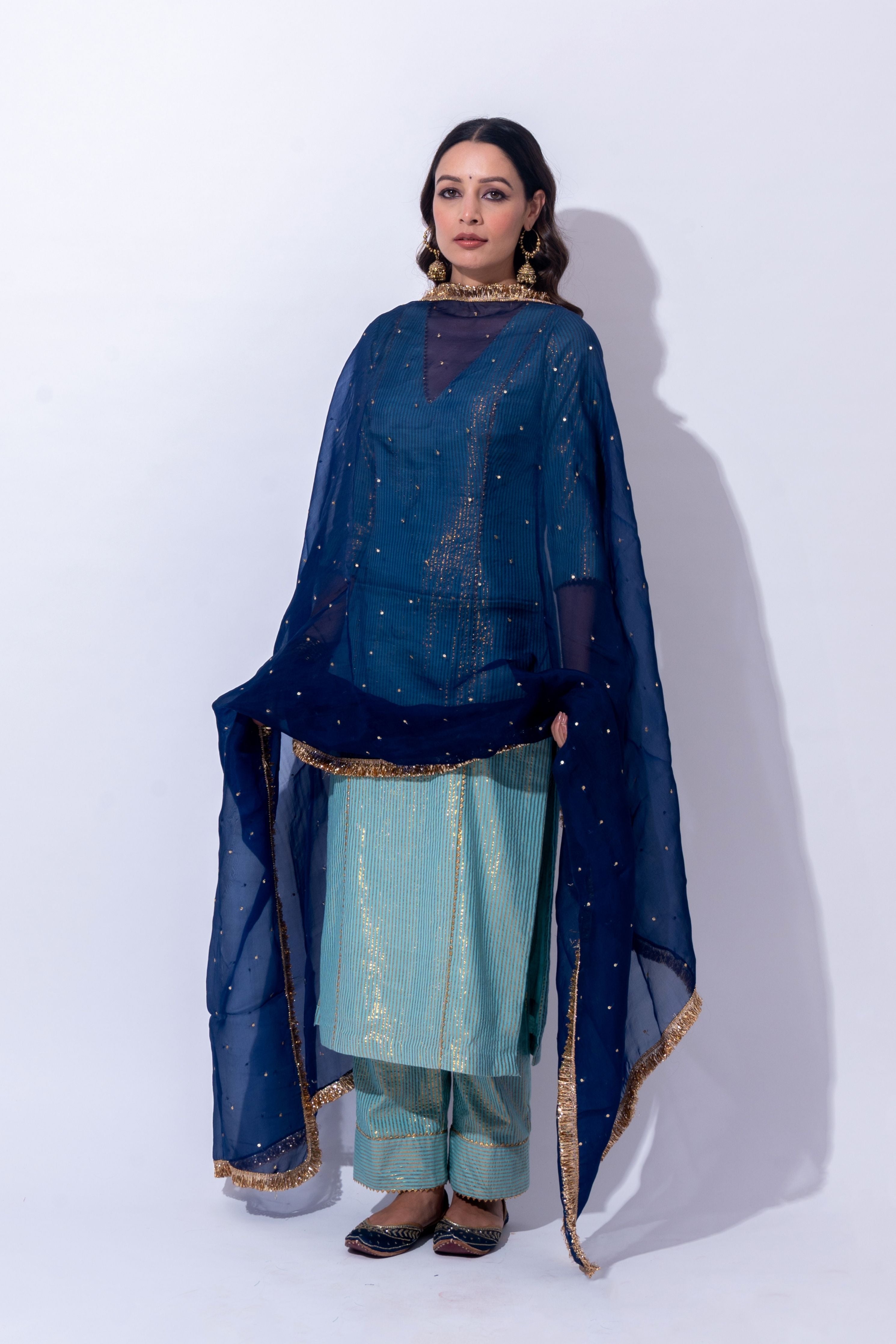 Sea Blue Fiza Zari Kurta Set