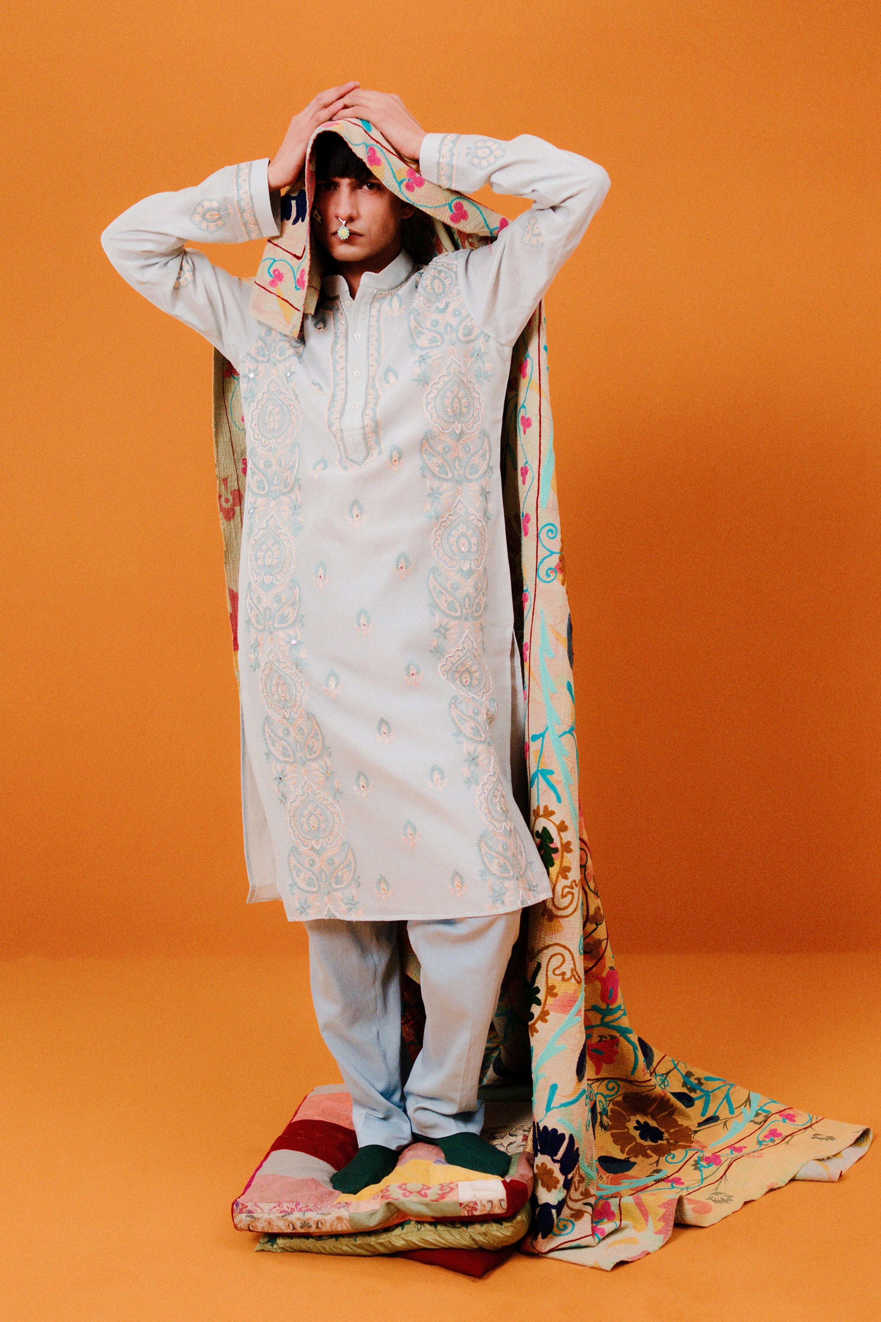 Sky Blue Parallel Paisley Kurta Set