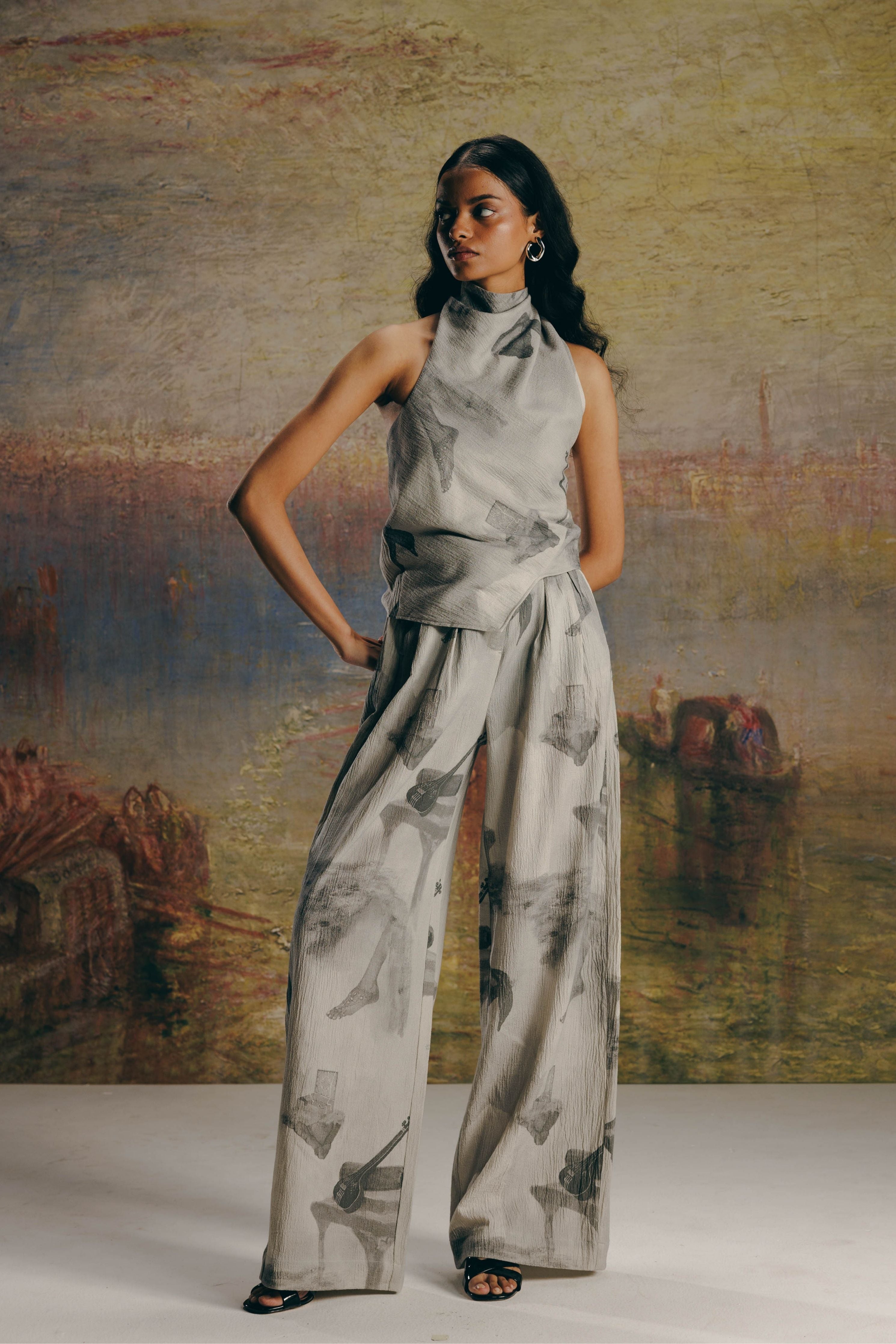 Surrealist Crepe Draped Top & Bollywood Pants