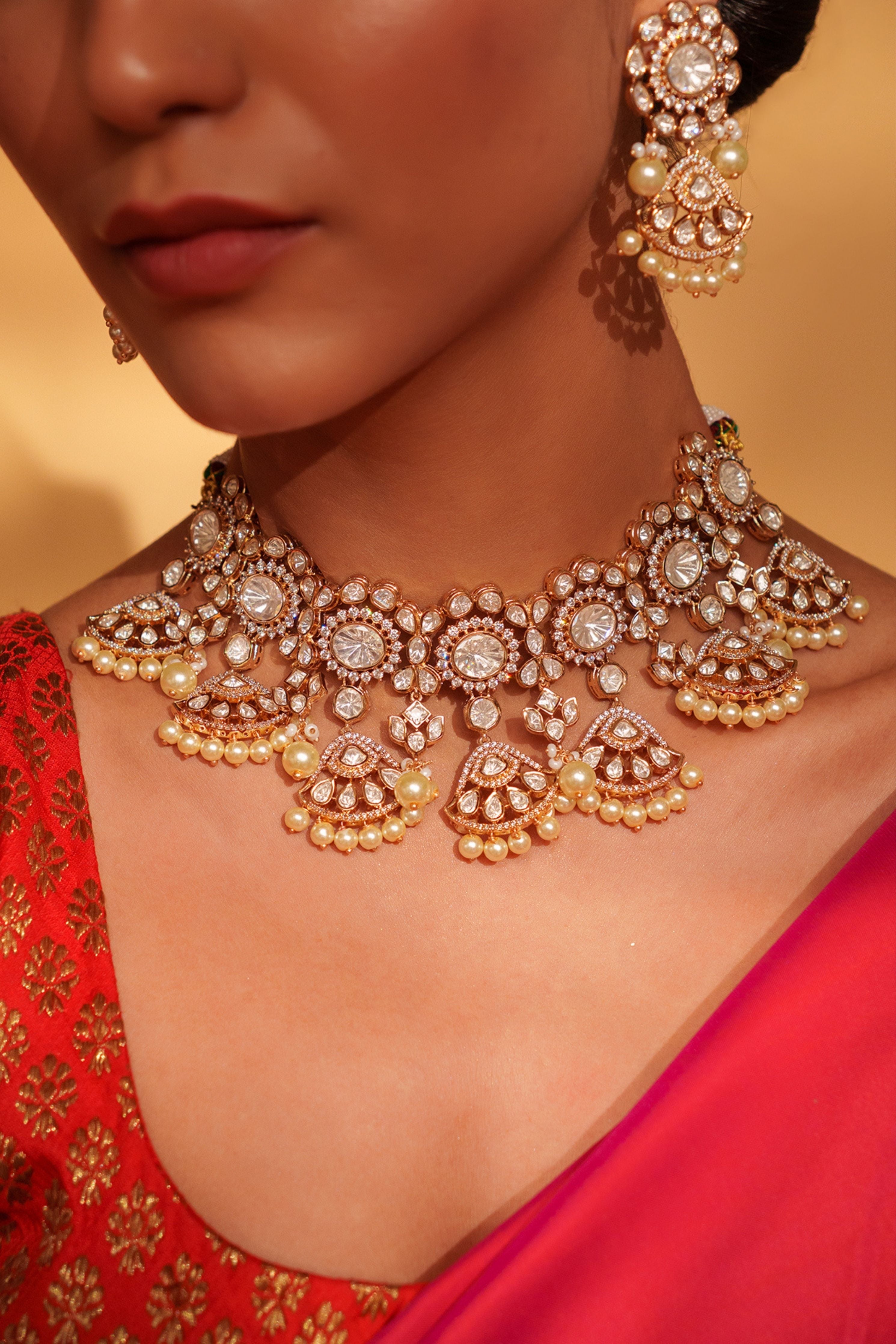 Swarovski Bold And Dramatic Two Tone Finish Polki Choker Set