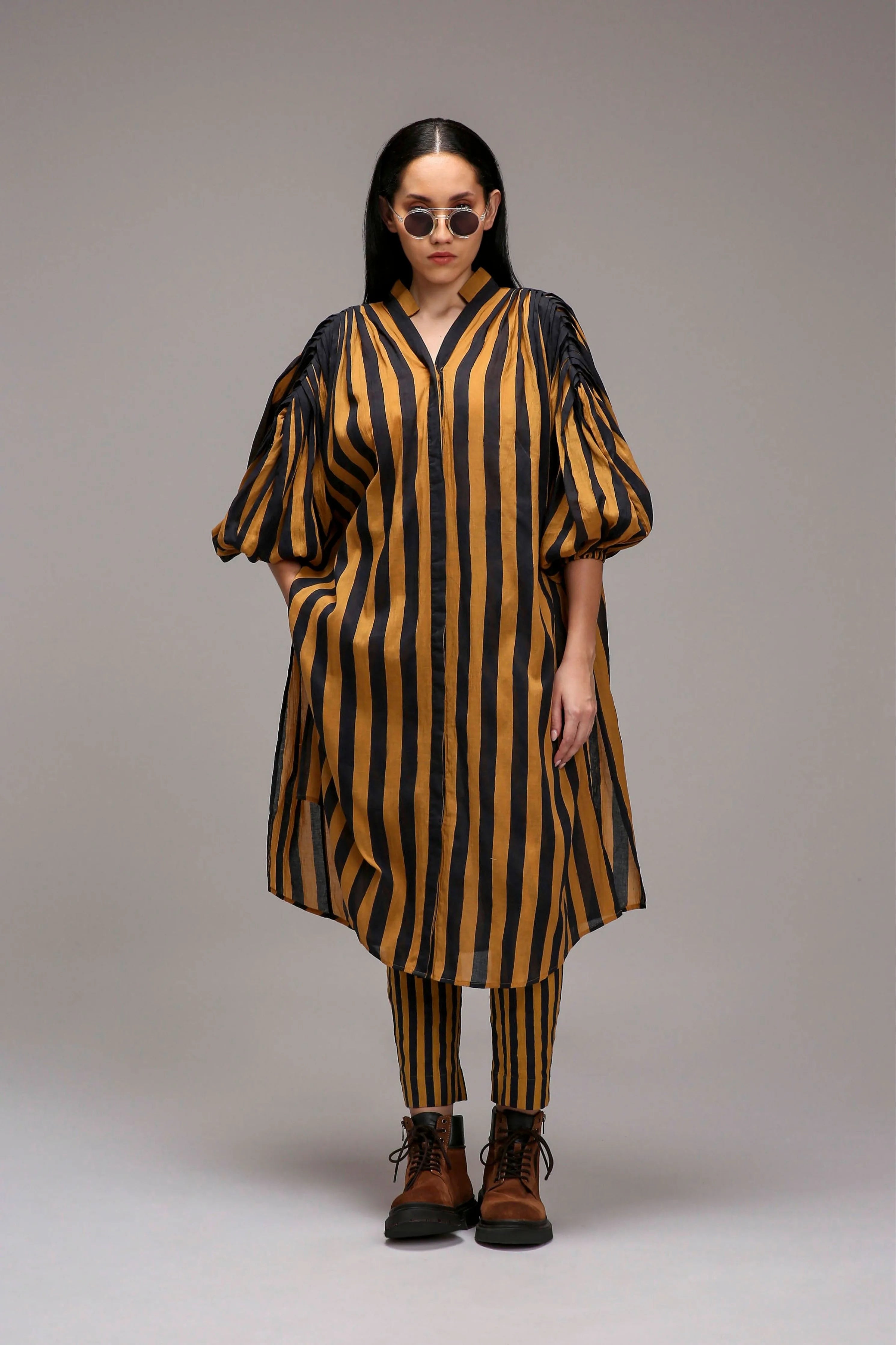 Tan-Brown Blue Striped Baha Tunic Set