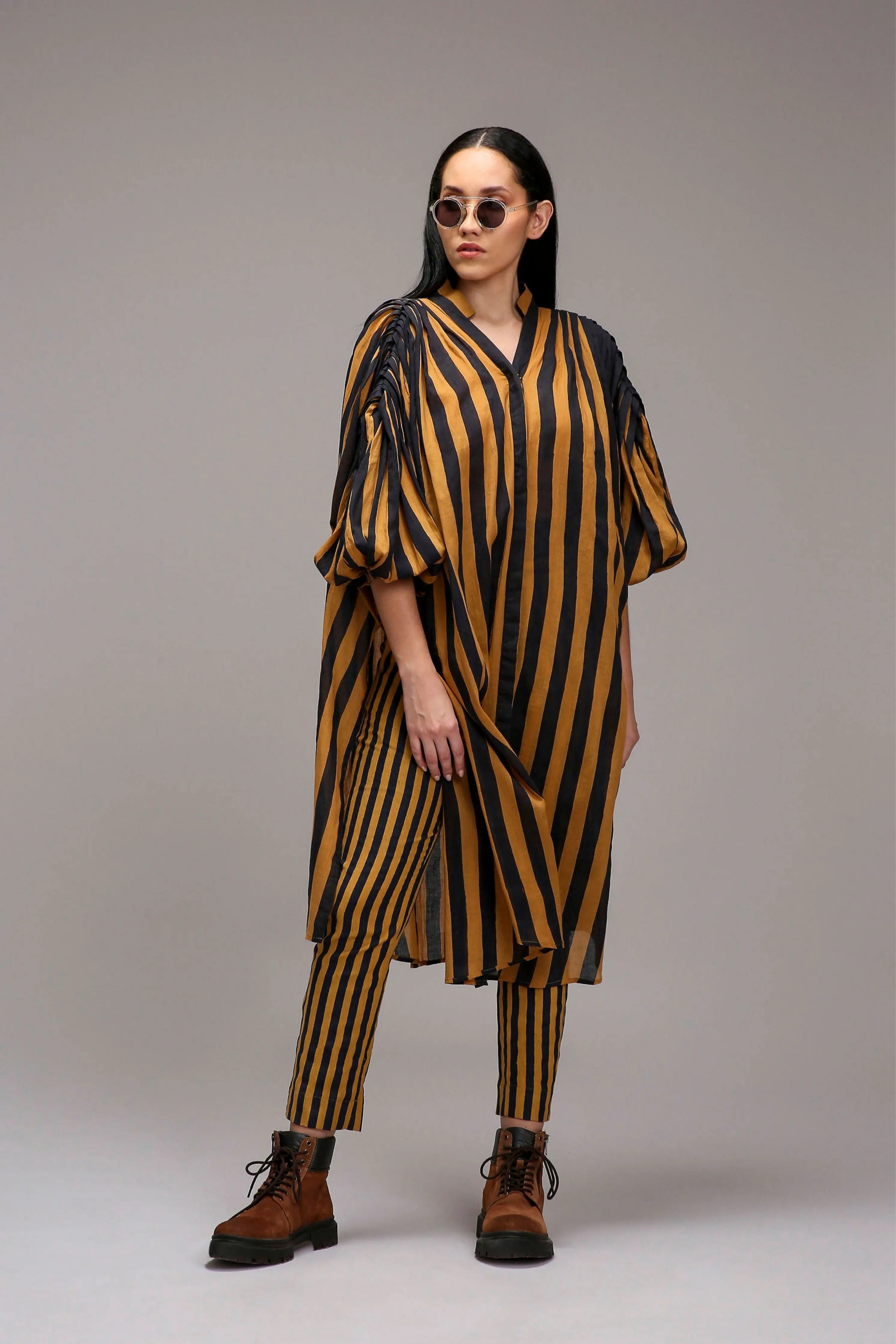 Tan-Brown Blue Striped Baha Tunic Set