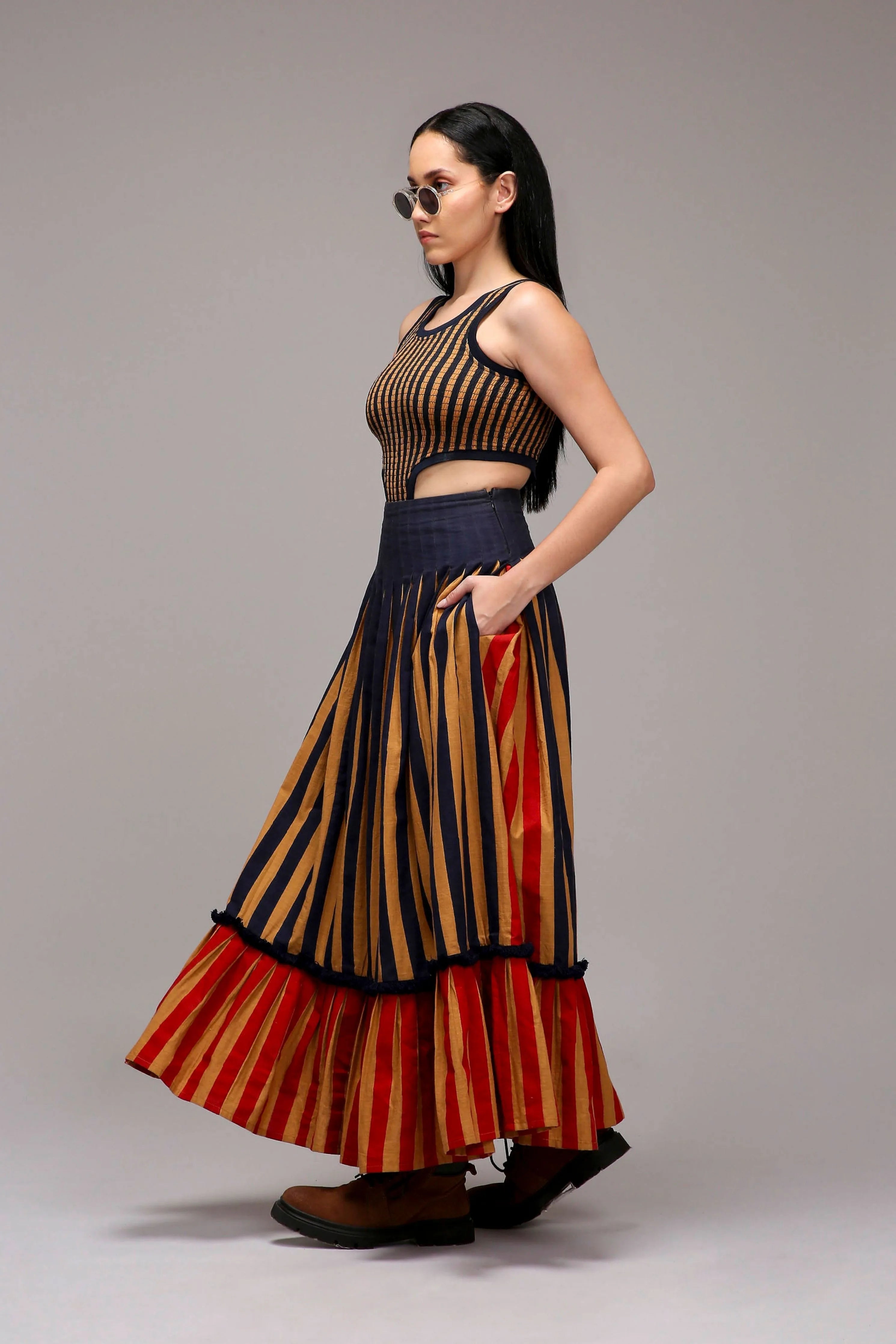 Tan-Brown Bodysuit Dual Striped Skirt Set