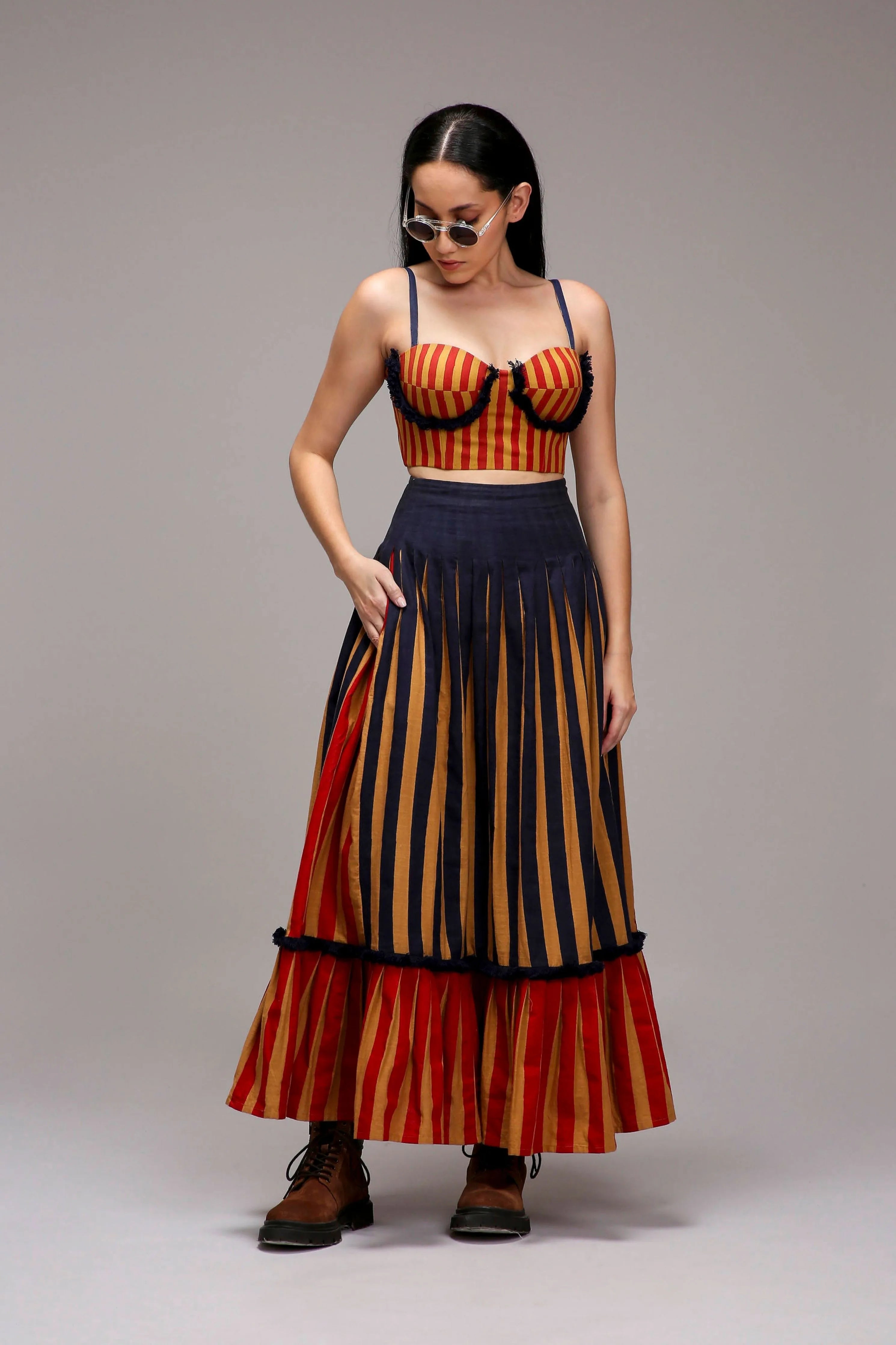 Tan-Brown Corset & Dual Striped Skirt Set