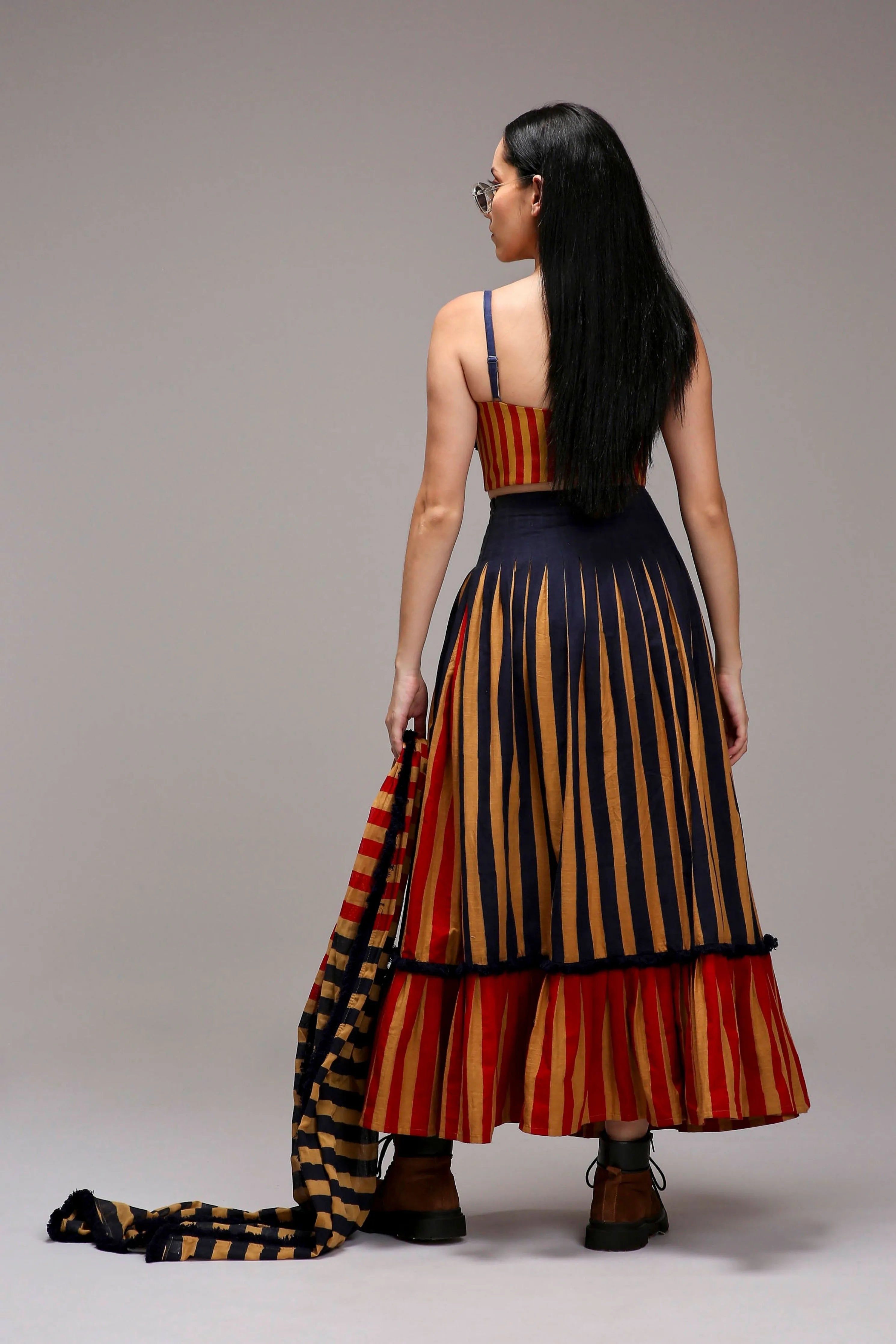 Tan-Brown Corset & Dual Striped Skirt Set