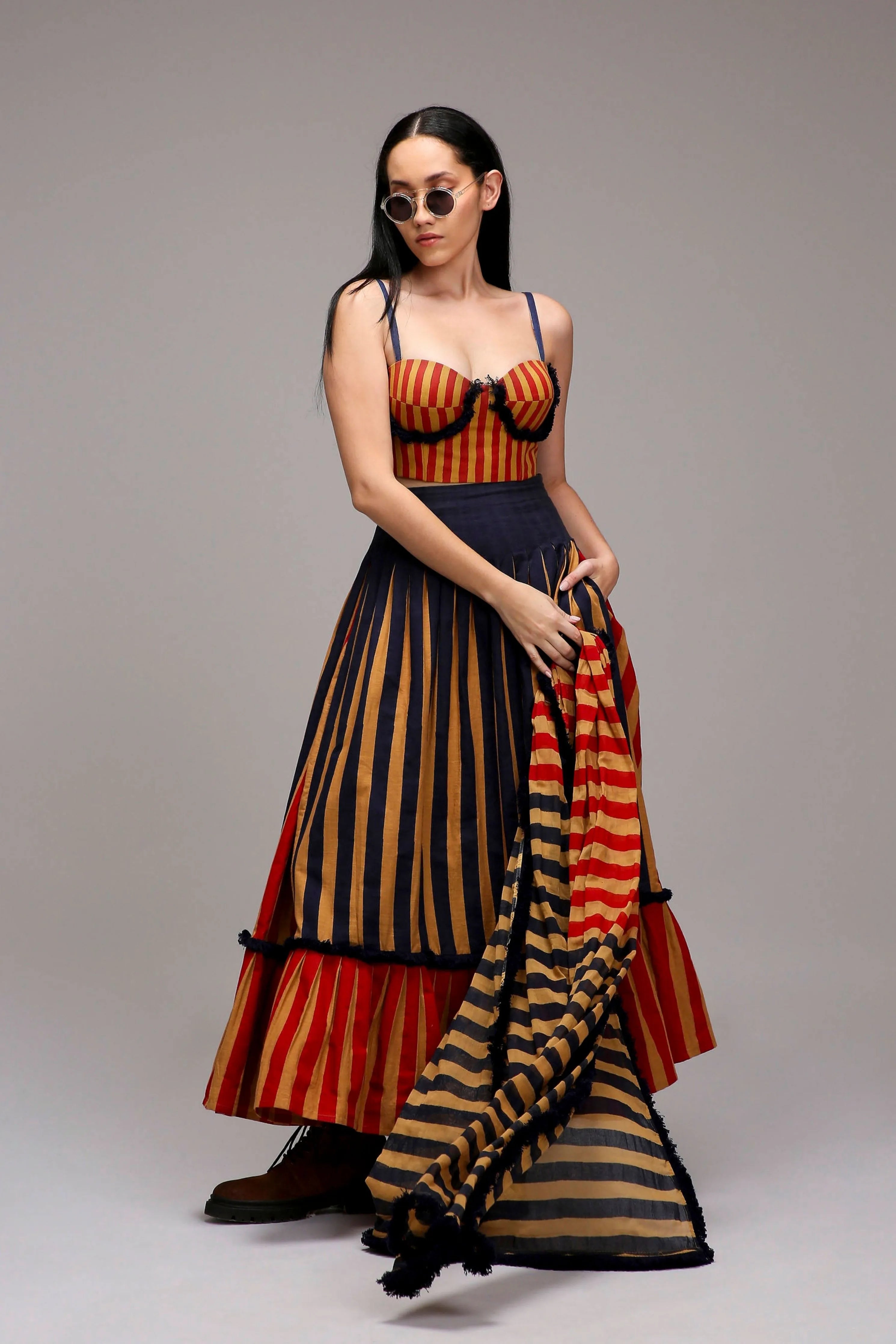 Tan-Brown Corset Dual Striped Stole Skirt Set