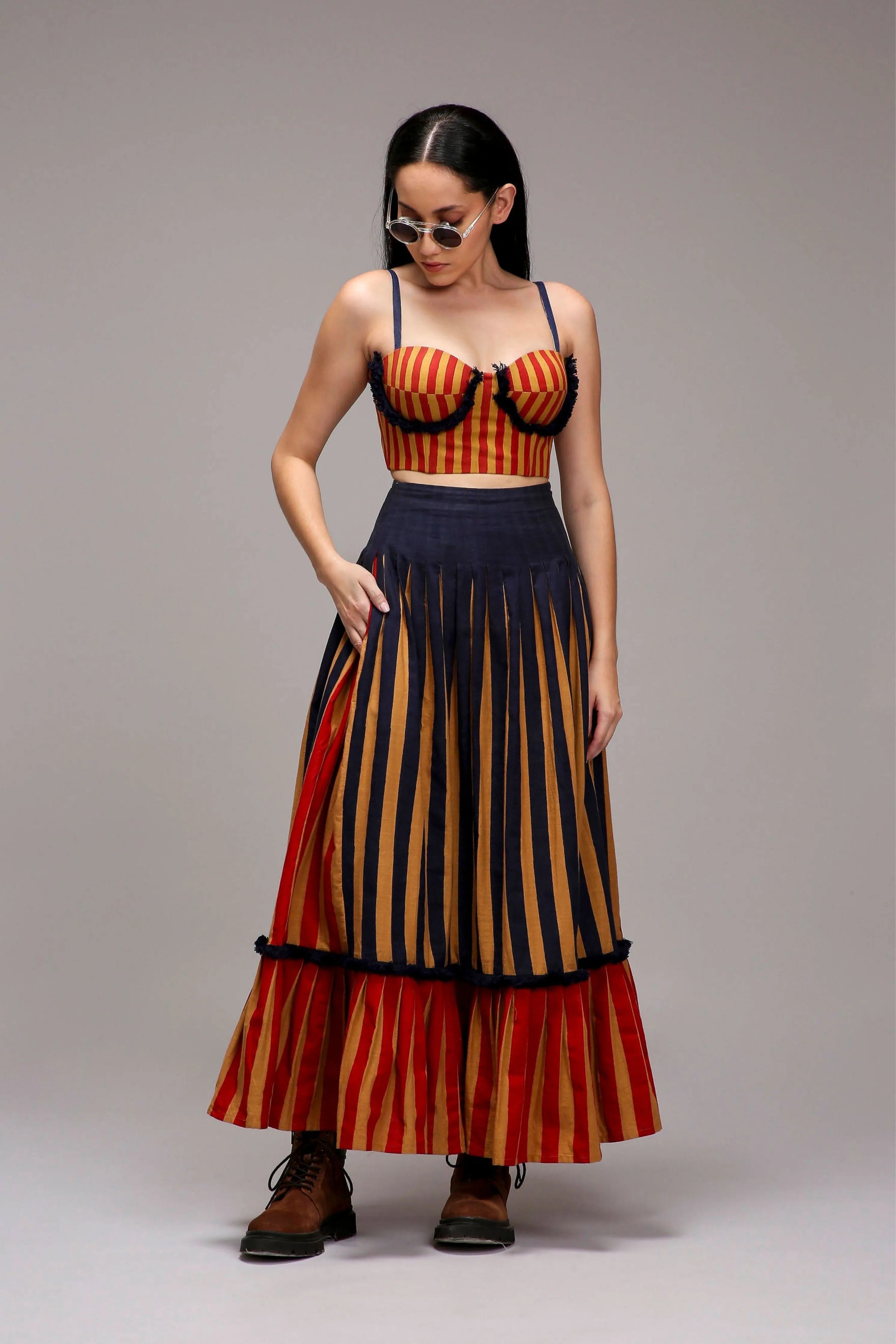 Tan-Brown Corset Dual Striped Stole Skirt Set
