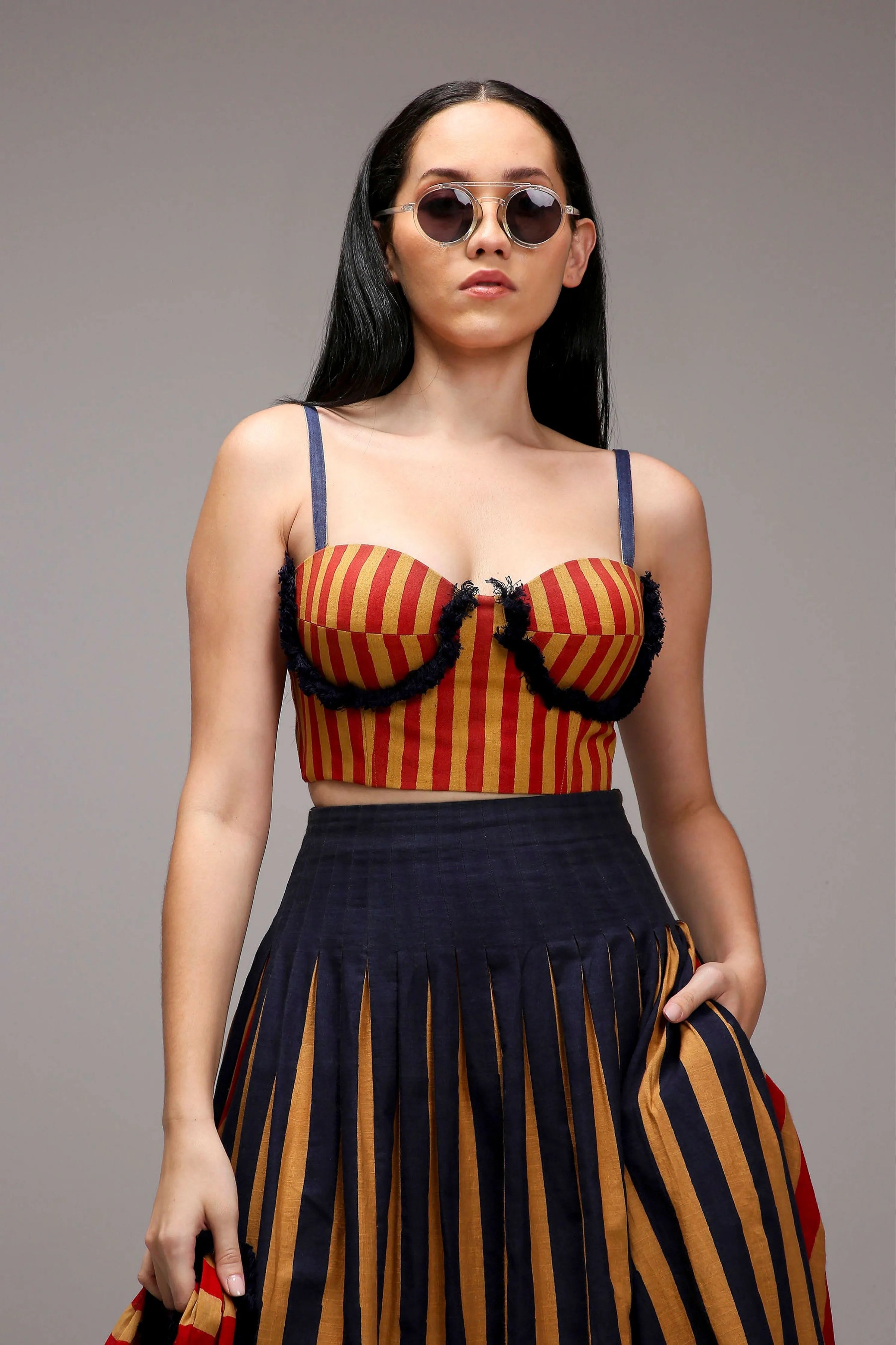 Tan-Brown Corset Dual Striped Stole Skirt Set