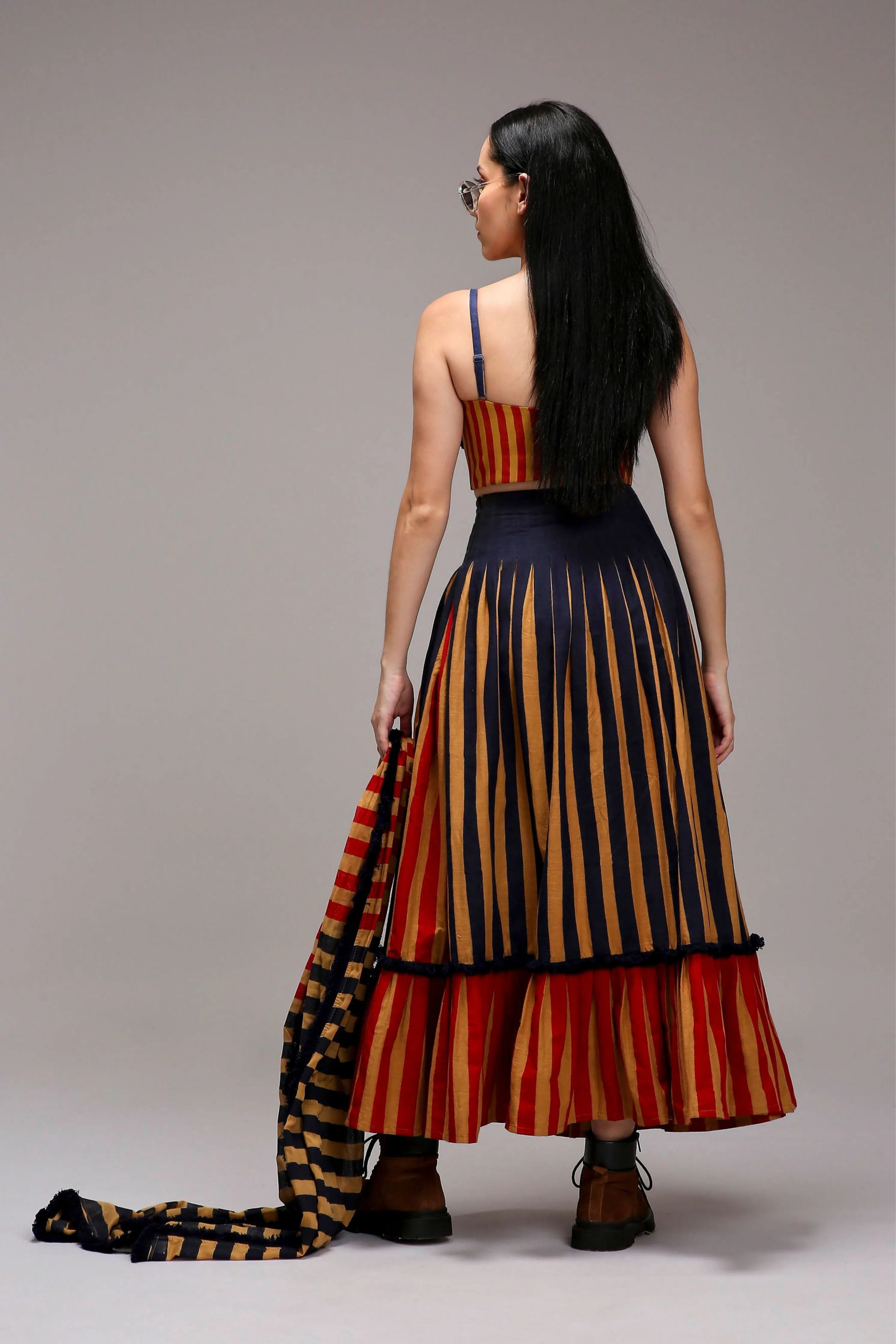 Tan-Brown Corset Dual Striped Stole Skirt Set