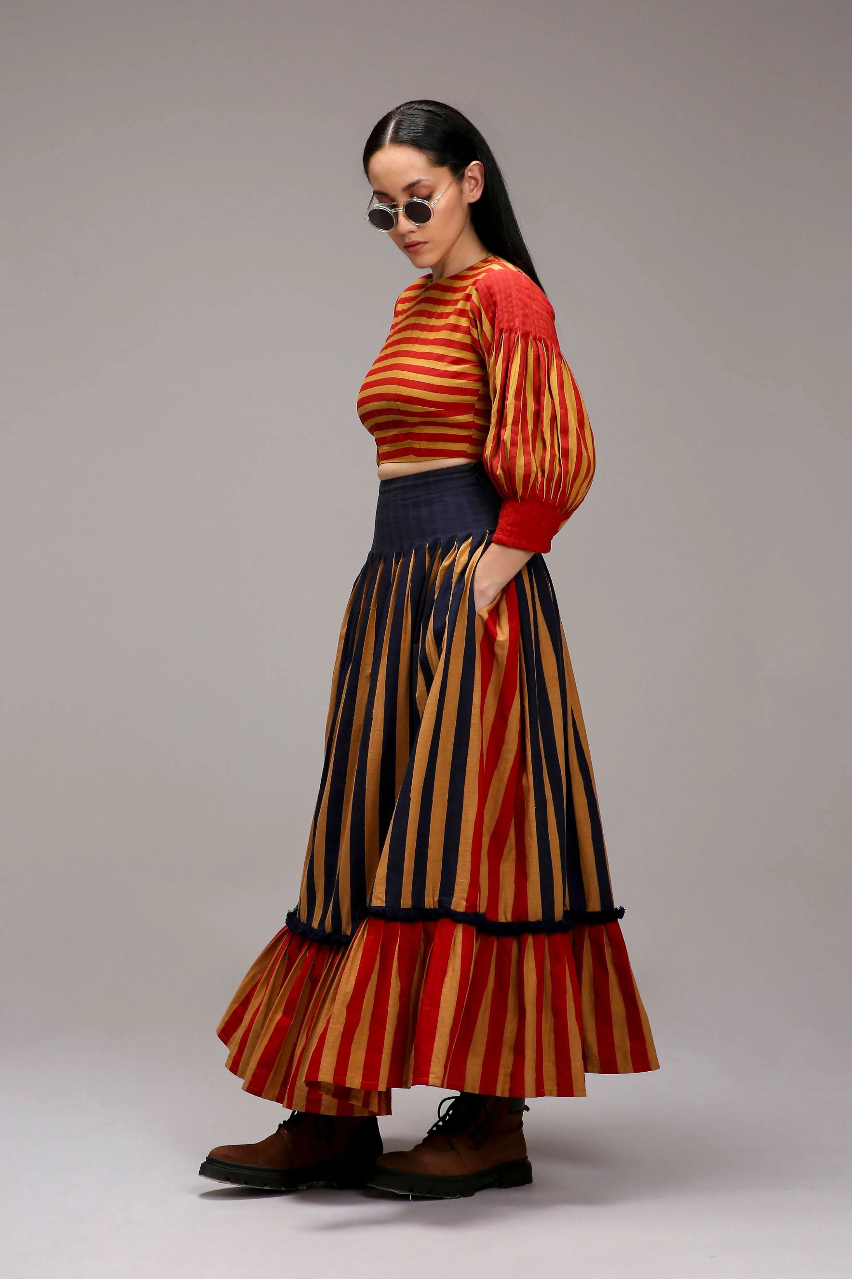 Tan-Brown Striped Crop Top & Skirt Set