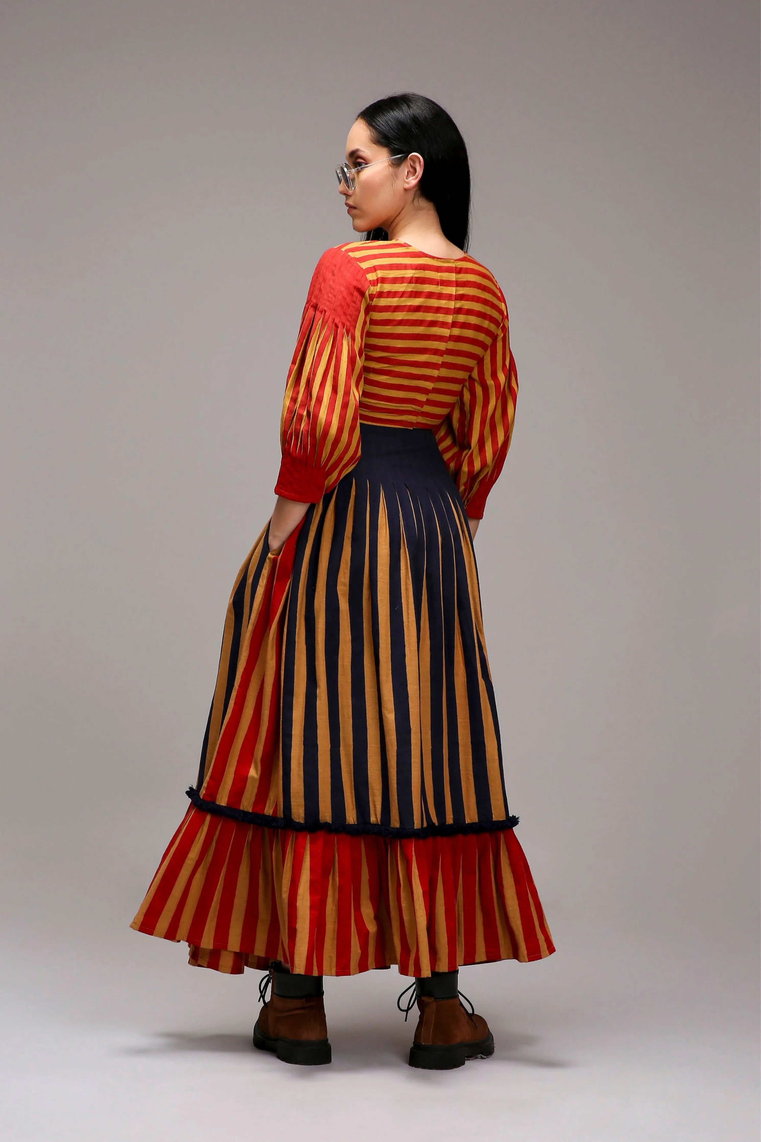 Tan-Brown Striped Crop Top & Skirt Set