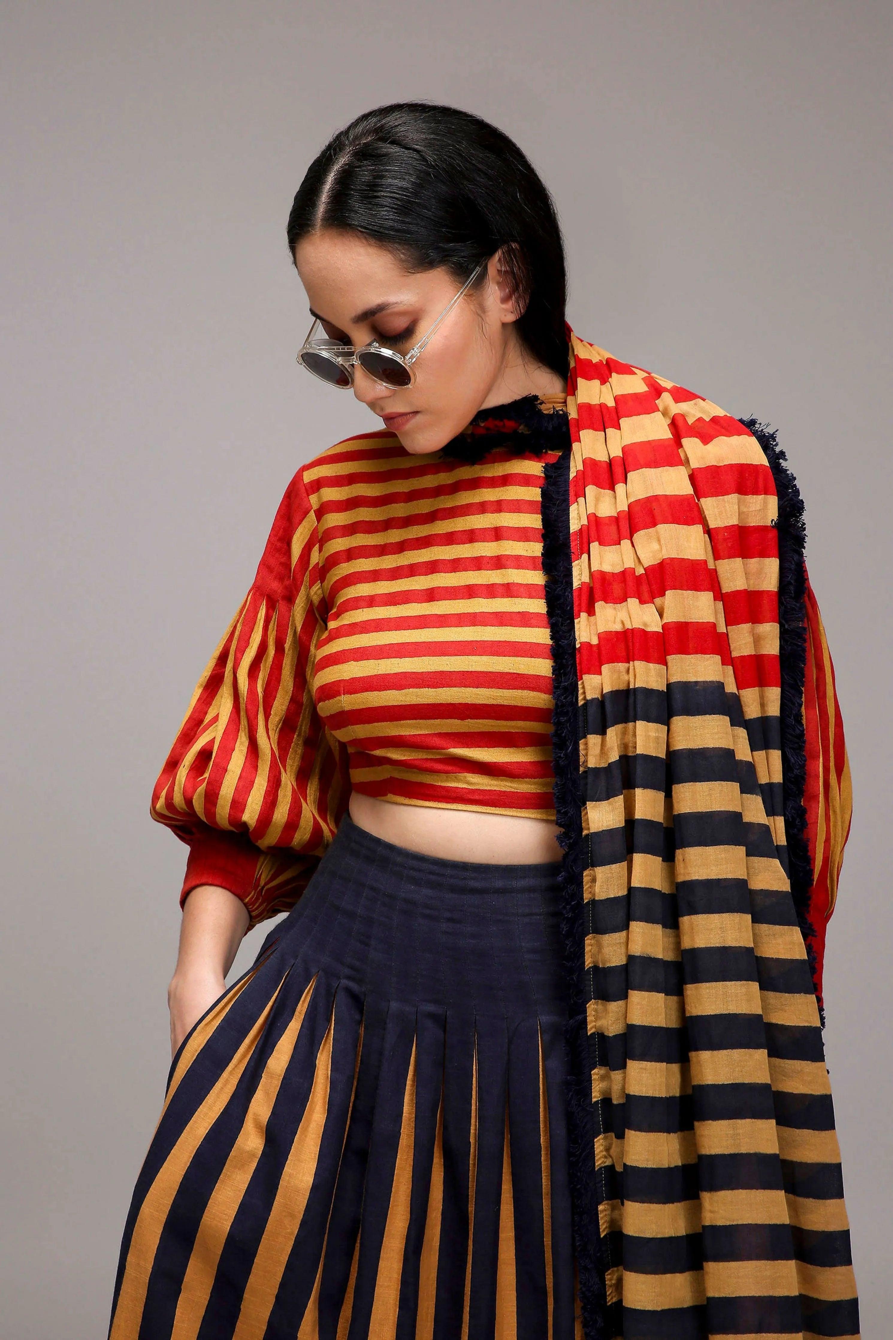 Tan-Brown Crop Top Dual Striped Stole Skirt Set
