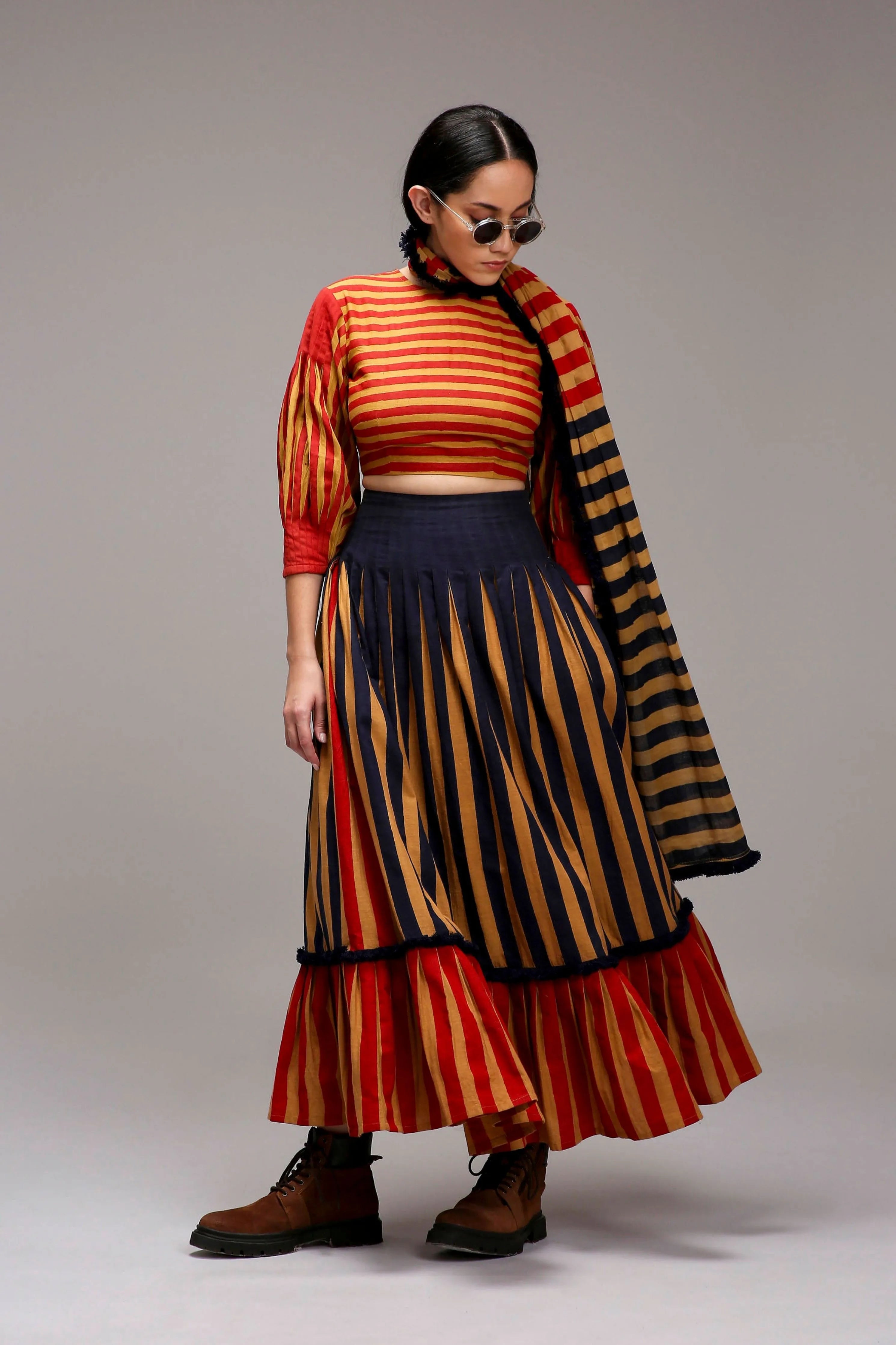 Tan-Brown Crop Top Dual Striped Stole Skirt Set