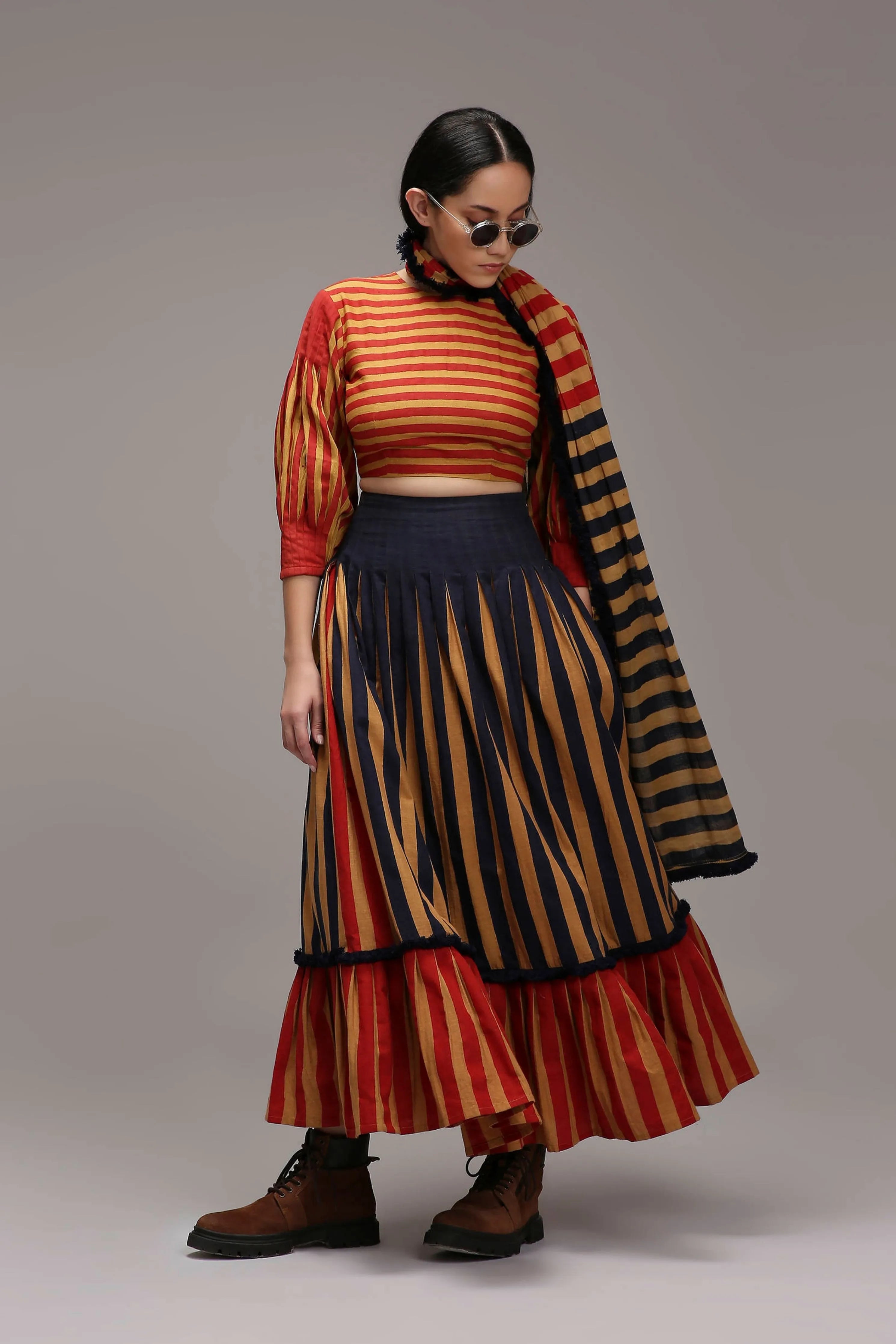 Tan-Brown Crop Top Dual Striped Stole Skirt Set