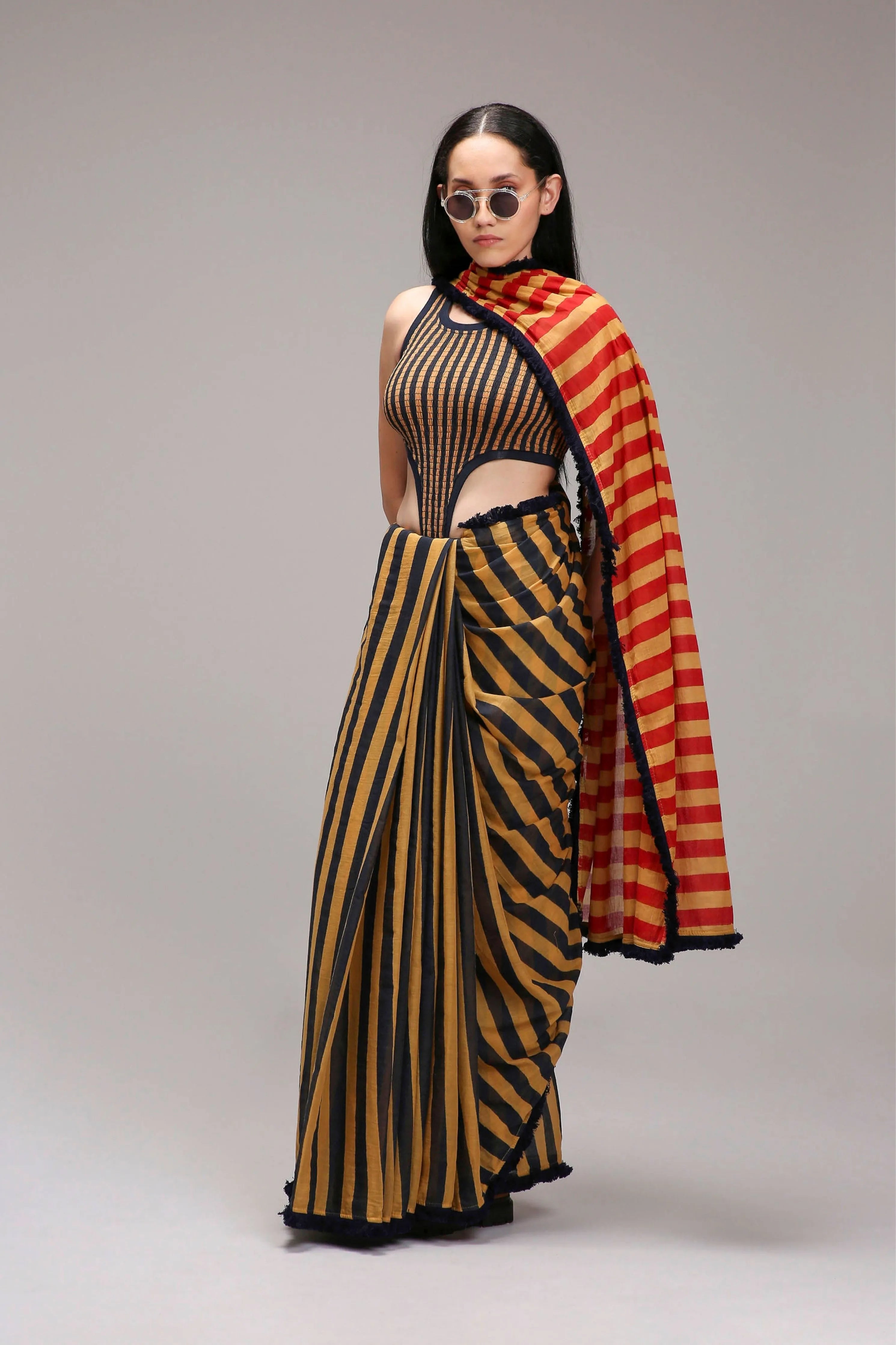 Tan-Brown Bodysuit & Dual Striped Saree Set
