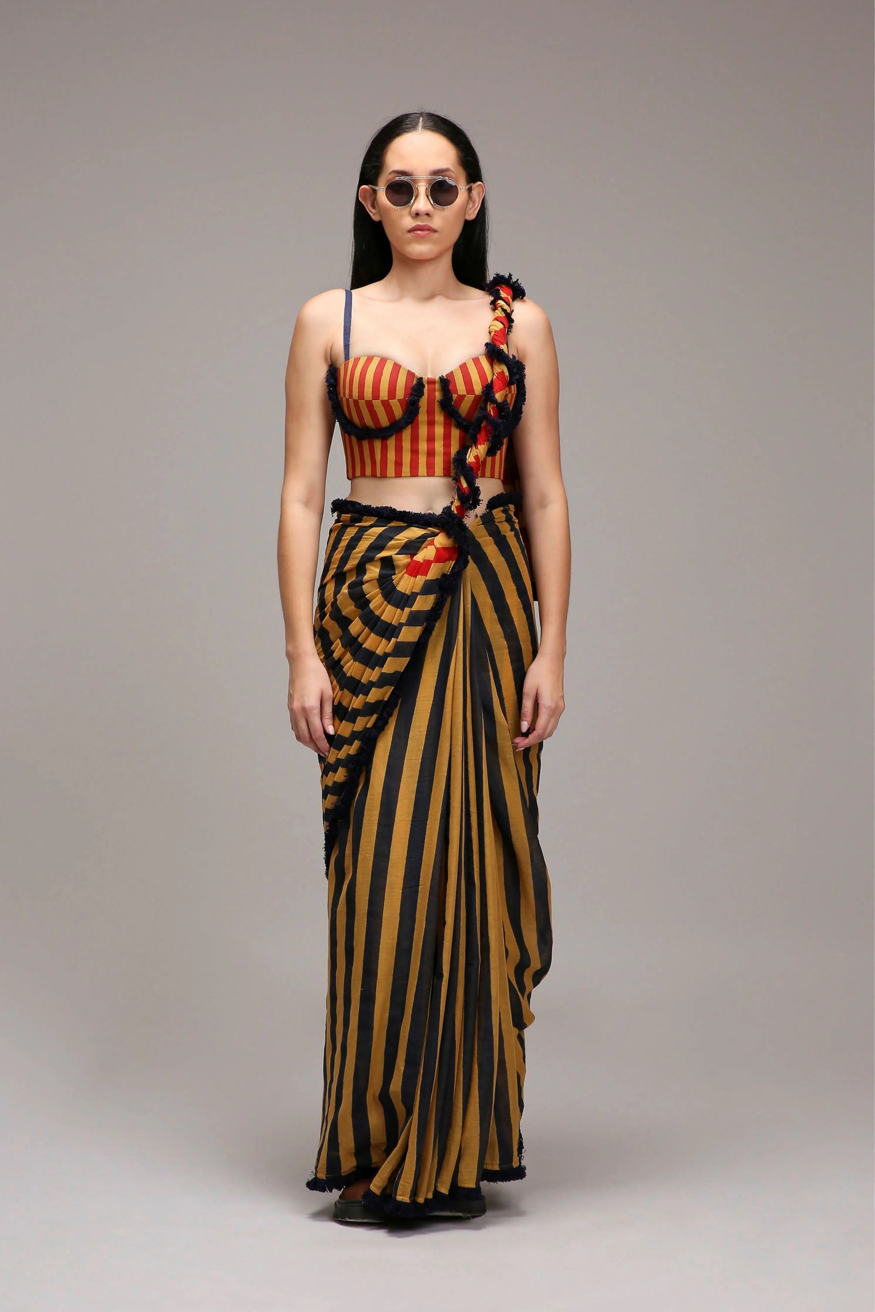 Tan-Brown Corset & Dual Striped Saree Set