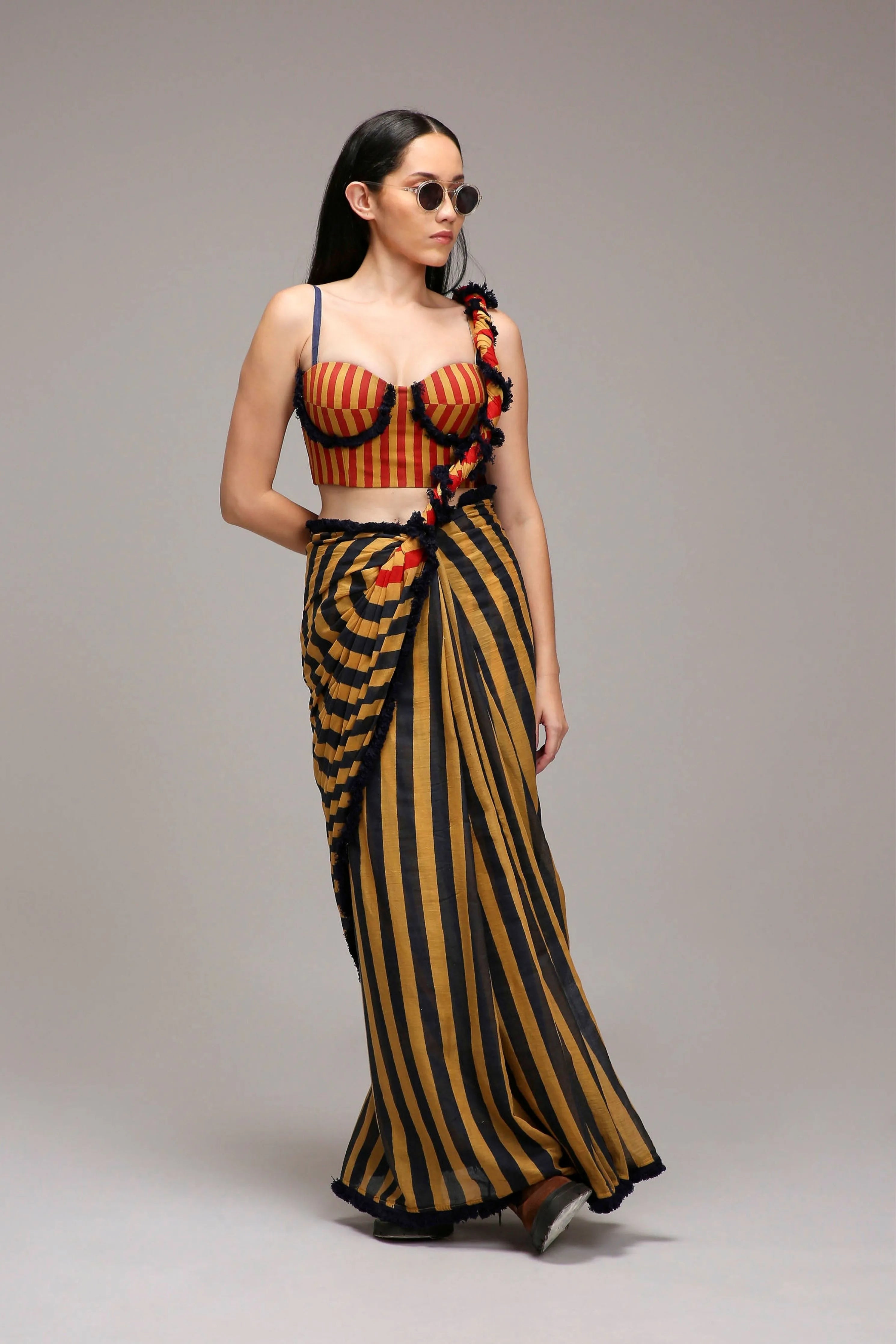 Tan-Brown Corset & Dual Striped Saree Set