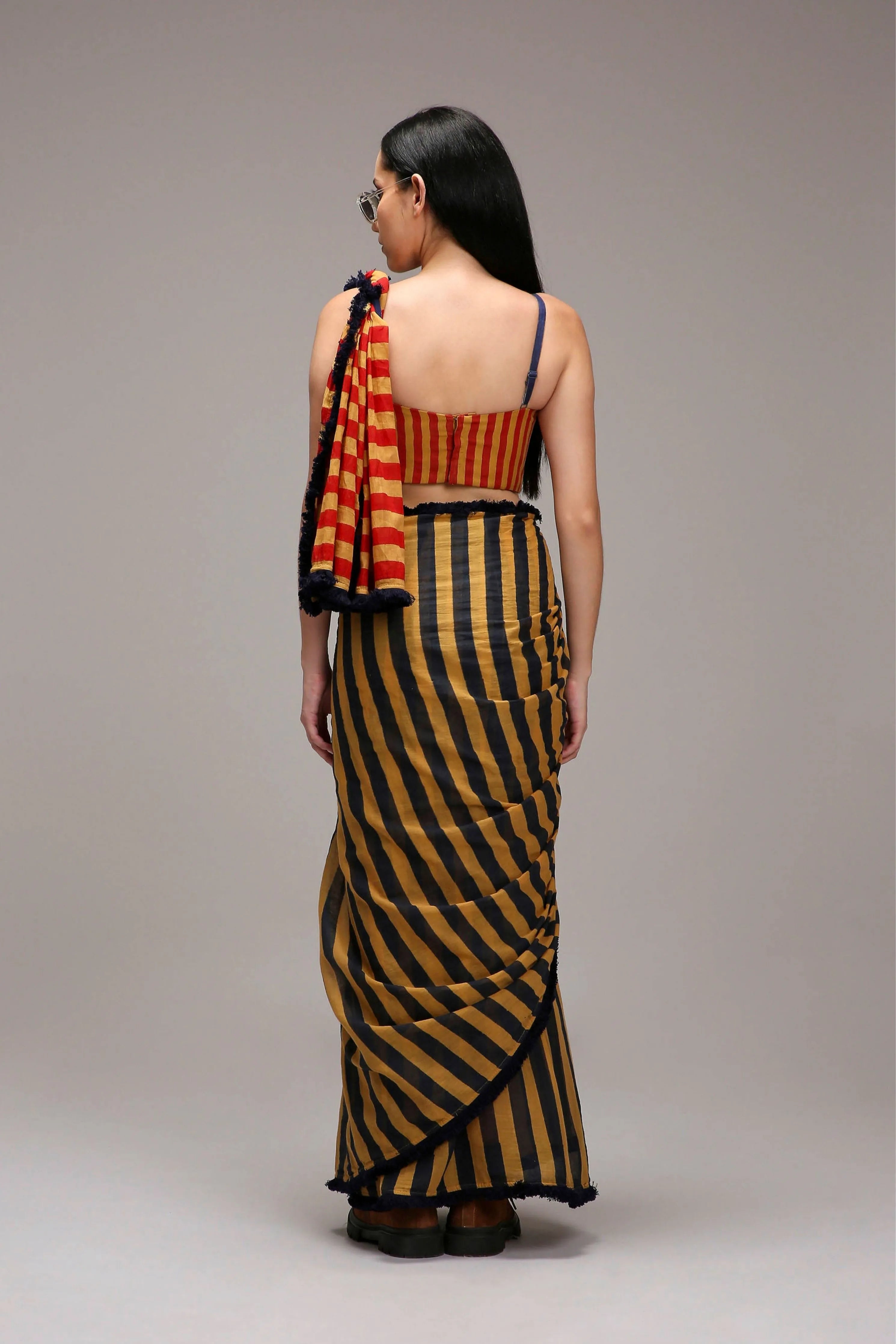 Tan-Brown Corset & Dual Striped Saree Set