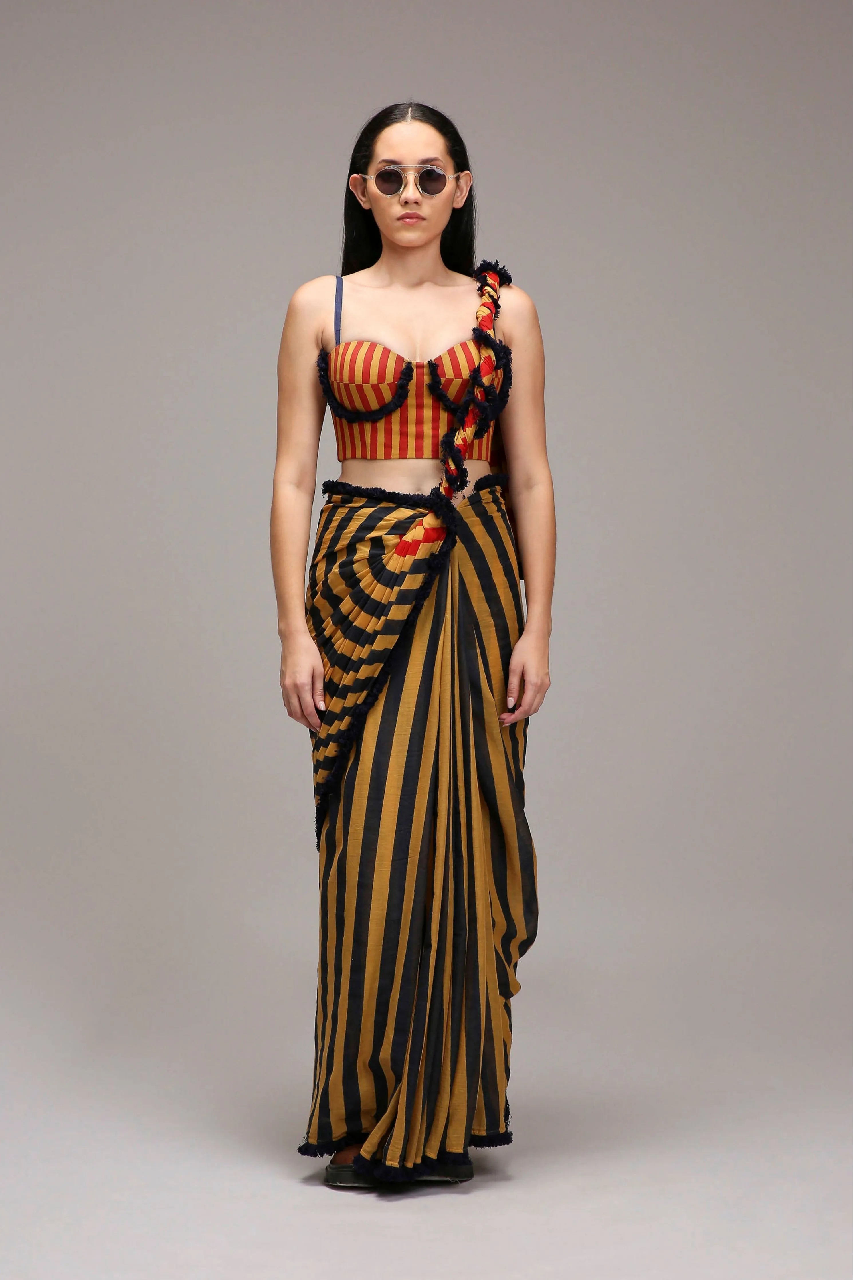 Tan-Brown Corset with Trench Jacket & Dual Striped Saree Set