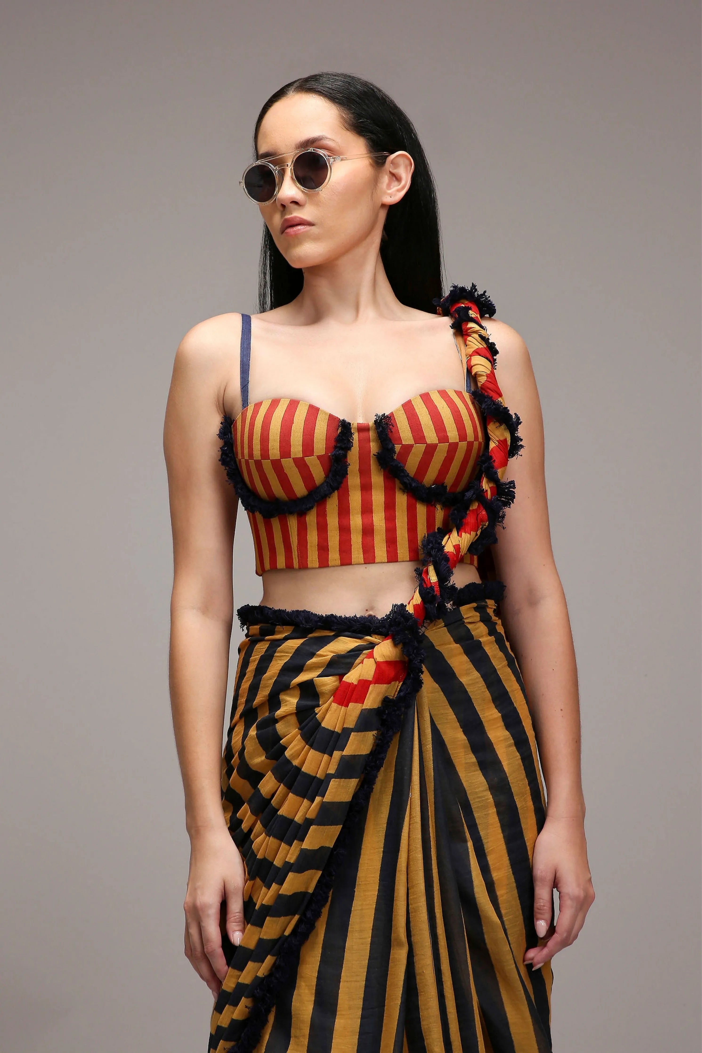 Tan-Brown Corset with Trench Jacket & Dual Striped Saree Set